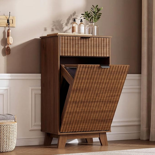Modern Tilt Out Laundry Hamper Cabinet, 10 Gallon Wooden Trash Can Cabinet with Storage Drawer, Hidden Fluted Bathroom Storage Cabinet for Kitchen, Living Room (Walnut Wood, 20.47"W x 35.83"H x 13"D)