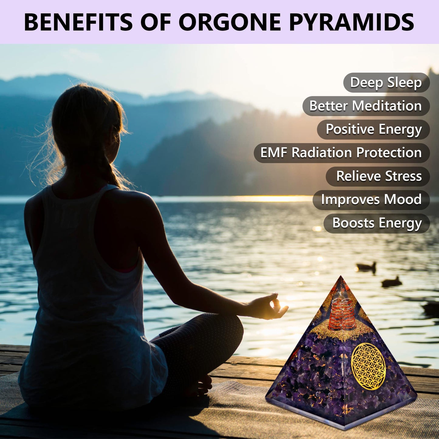 Anaya Agate Orgone Pyramid – Handmade Amethyst Crystal Pyramid – Orgonite Pyramids with Amethyst Crystal Stone, Flower of Life – Crystals and Healing Stones for Spiritual Wisdom and Awakening