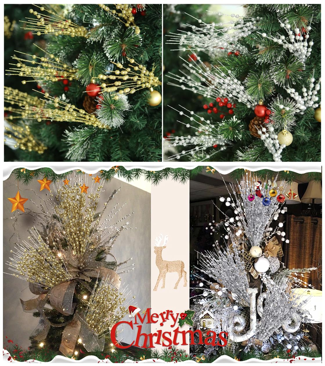 Artificial Glitter Berry Stems Silvery Decorations 17 Inch, Fake Berries Bead Sticks Pick for Halloween Christmas Ornaments Glittery Berries Xmas Tree Wreath Vase Filler Home Decor - Silver 10 Pack