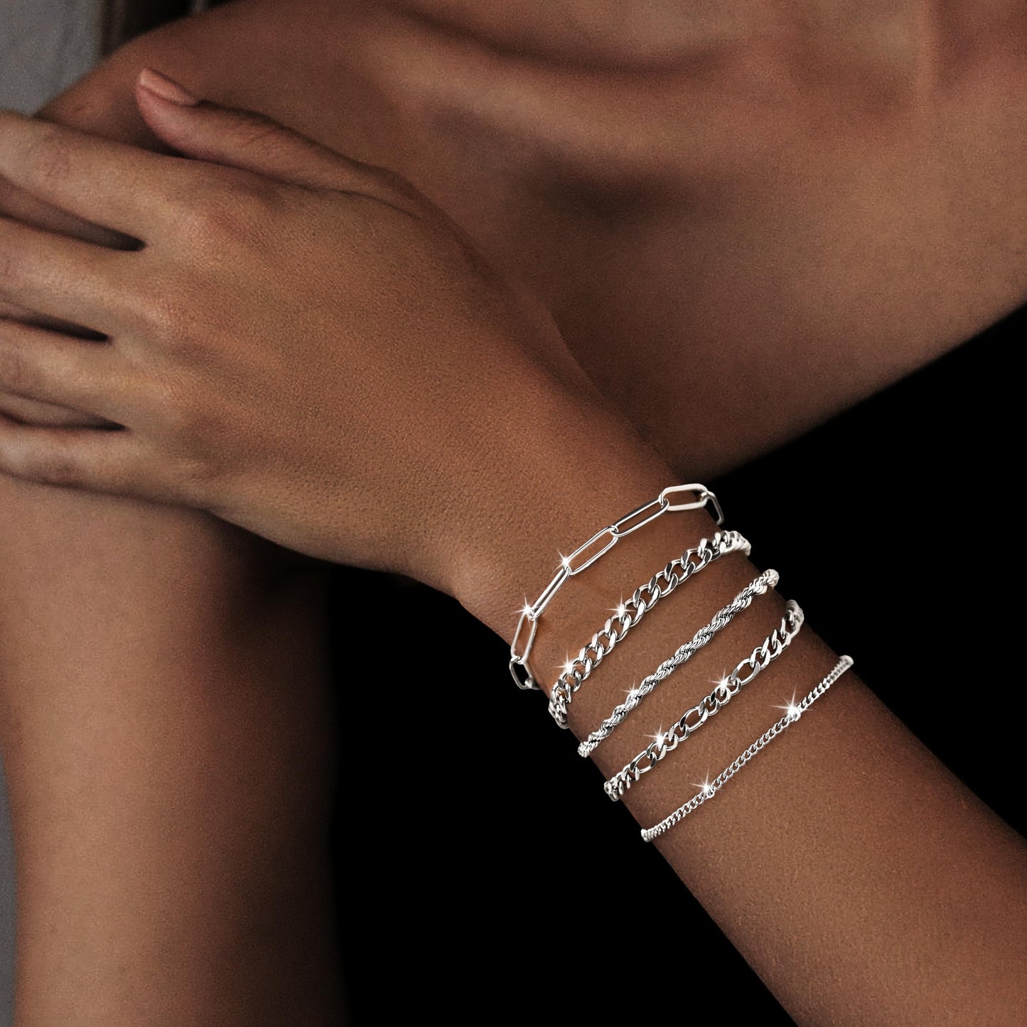 Poxtex Silver Bracelets for Women, Dainty Sterling Silver Bracelets for Women Trendy, Silver Stackable Bracelets Waterproof Jewelry for Women, Classic & Simple Bracelet Set with Cuban Paperclip Figaro