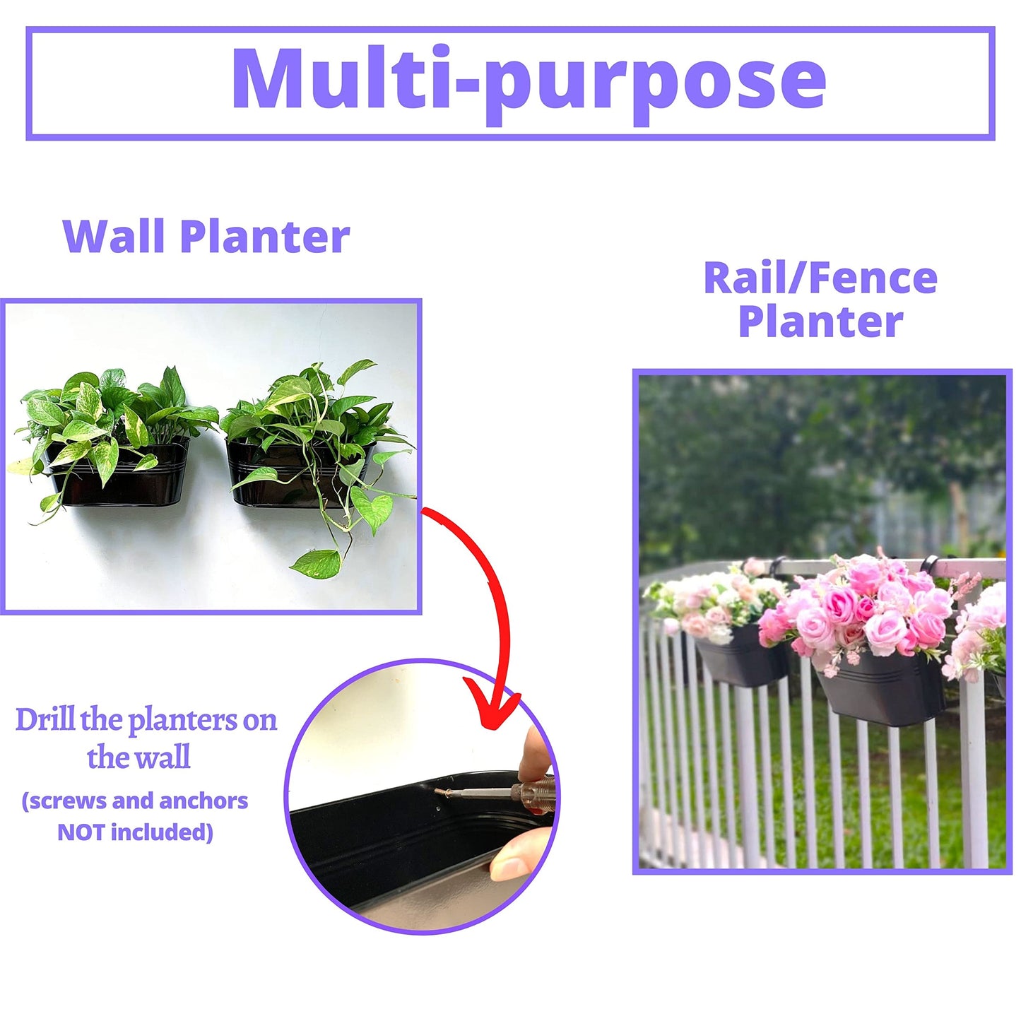 LaLaGreen Bundle - 6 Pack, 11.2 Inch Black + 6 Pack, 11.8 Inch Polka Dot Metal Iron Hanging Flower Pot Wall Mount Deck Railing Window Fence Bucket Box Plant Holder Modern Patio Porch Garden Decor