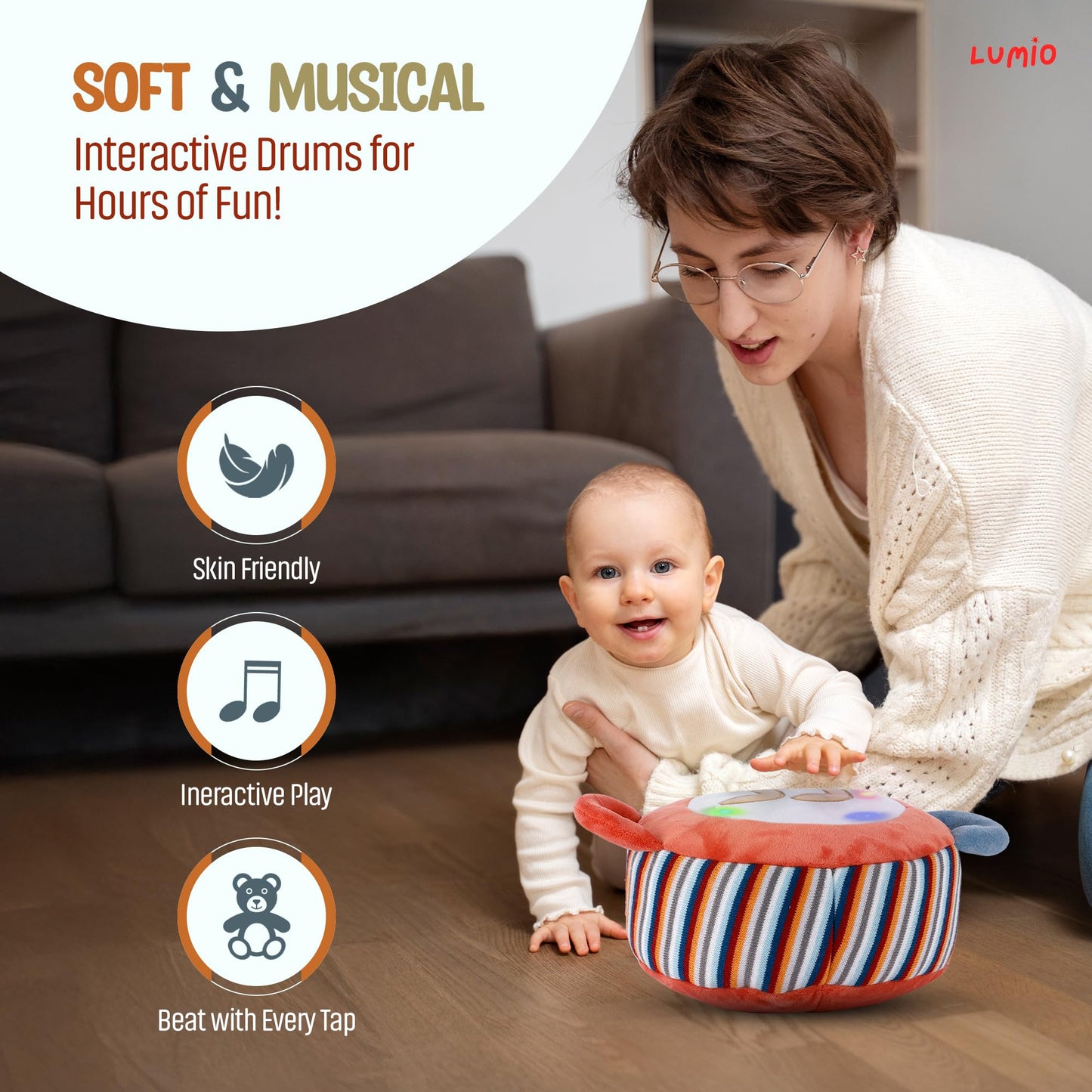 Lumio Interactive Musical Plush Toy with Lights and Sounds - Sensory Toy for 3 6 9 12-18 Months and up, Perfect for Tummy Time Rhythm Learning (Guitar) (Guitar)