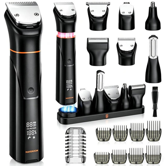 MAXGROOM 6 in 1 Beard Trimmer for Men, Waterproof Cordless Electric Razor Shaver, Men's Grooming Kit for Mustache, Hair, Face, Nose and Body, USB Recharge Dock - Black