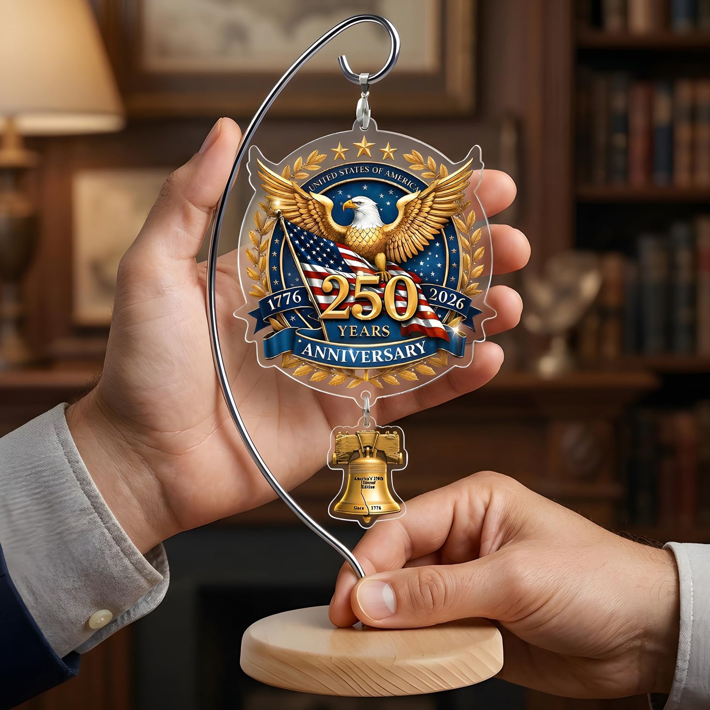 USA 250th Anniversary Tabletop Decor with Wooden Stand, American Patriotic Home Decor, Liberty Bell Ornament, 250 Anniversary USA Merchandise, Independence Day Desk Decoration, Gift for US Citizens