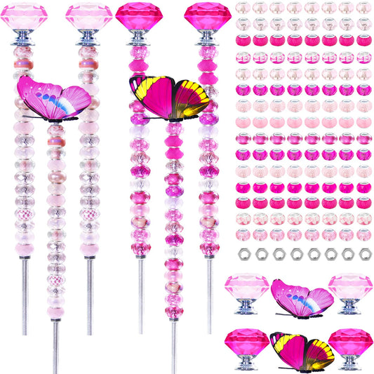 145 PCS Beaded Garden Stakes Kit, DIY Fairy Wand Garden Stake Beads Kits with Assortment Large Hole Beads 4 Crystal Stopper Top 2 Colored Butterfly Tops and Threaded Rods for Outdoor Indoor Decor