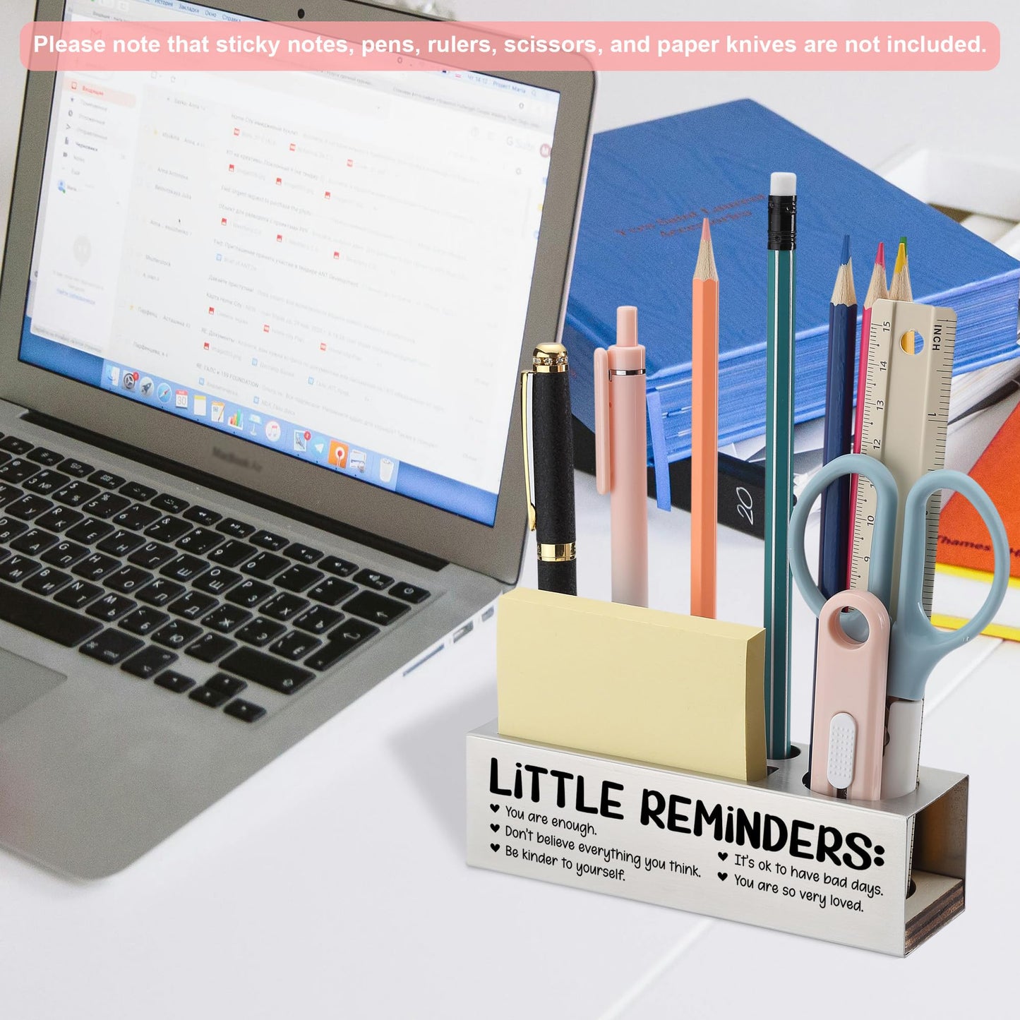 Inspirational Pencil Holder Desk Organizer with Little Reminders, Stainless Steel Office Supply Caddy for Women Men, Positive Message Teacher Coworker Gift, Laser Engraved Classroom Decor - FBA400