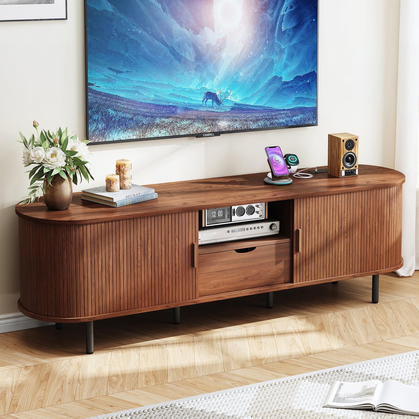 ONBRILL 69" TV Stand with Power Outlet for TVs up to 80", Entertainment Center with Storage and Drawer, TV Console with Adjustable Shelves and Sliding Door, TV Stand for Living Room, Bedroom, Walnut