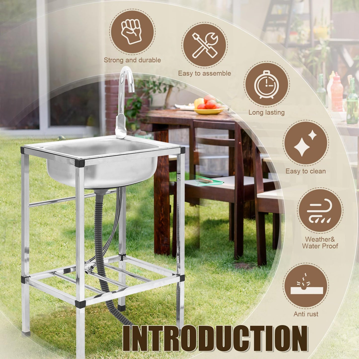 Tandefio Freestanding Outdoor Kitchen Utility Sink Set Stainless Steel Single Bowl Sink Portable Commercial Utility for Restaurant Cafe Bar Hotel Garage Laundry Room(Single Bowl)
