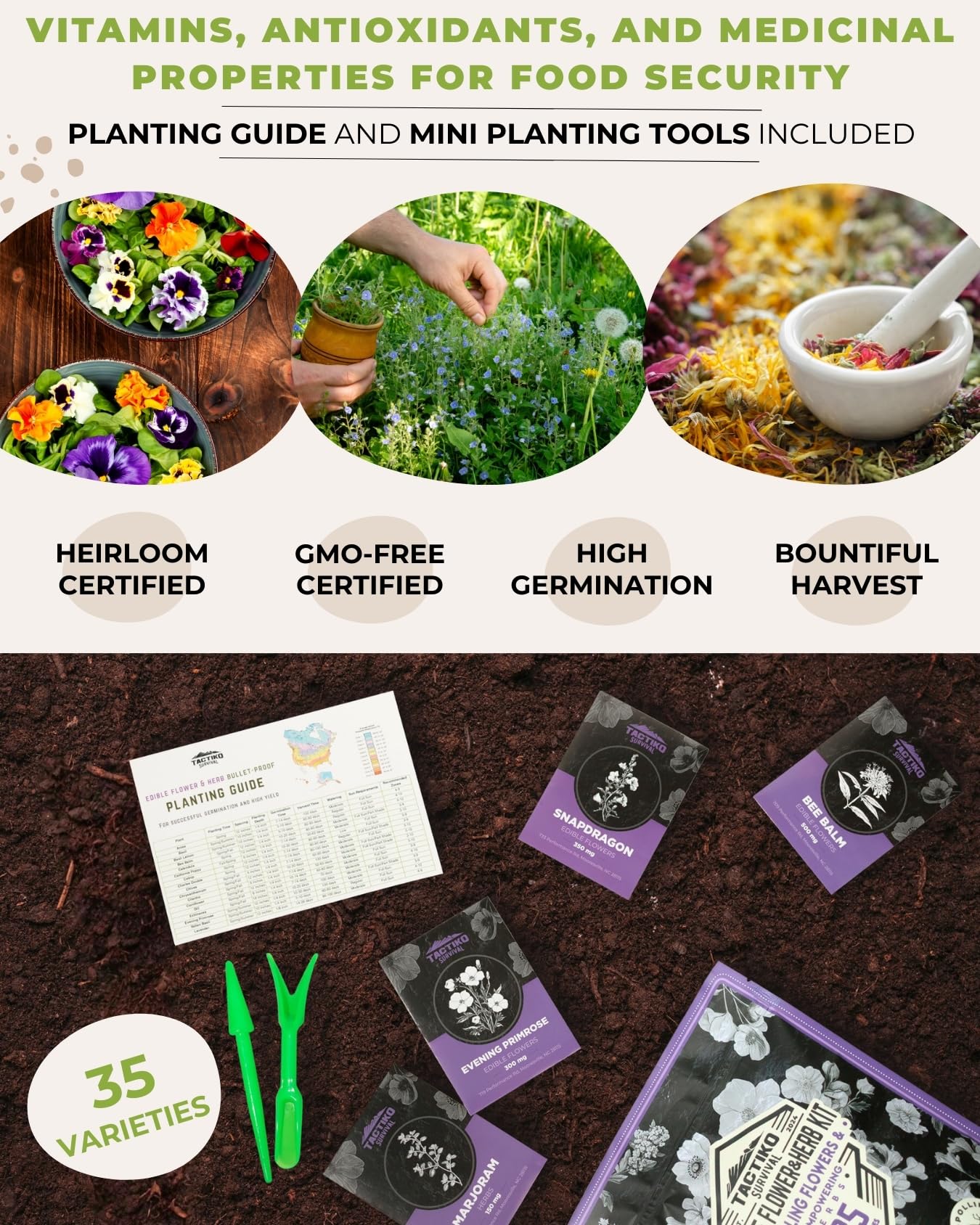 35 Tactiko Edible Flower & Herb Seeds Kit Variety - USA Grown Heirloom Non-GMO Open-Pollinated Seeds for Planting - Indoor Outdoor Gardening - Survival Long-Term Storage - Resealable Mylar Bag