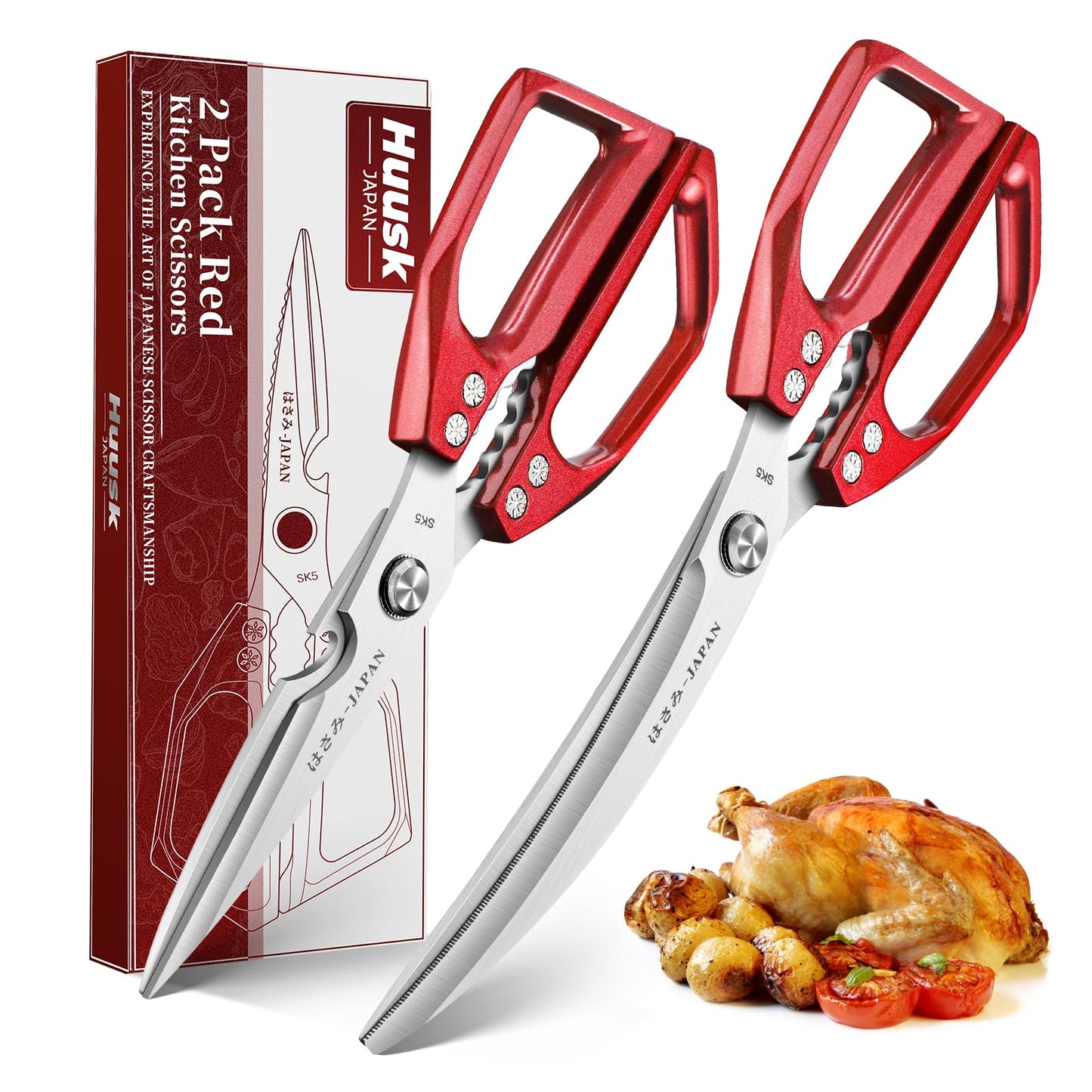 HUUSK Kitchen Scissors Set Red - Stainless Steel Kitchen Shears, Sharp Meat Scissors Dishwasher Safe, Heavy Duty Poultry Shears All Purpose, Japanese Cooking Scissor for Food,Christmas Gifts for Women