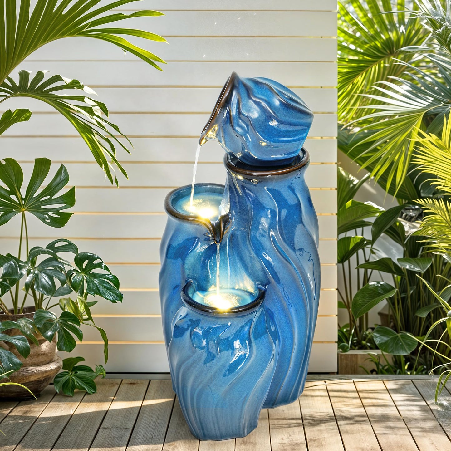 Ultym 29" Ceramic Outdoor Fountain with Lights, 4-Tier Pots Waterfalls Patio Water Fountain, Tranquil Oasis for Relaxing Garden, Yard, or Porch Decor, Turquoise, Dynamic Wave-Texture