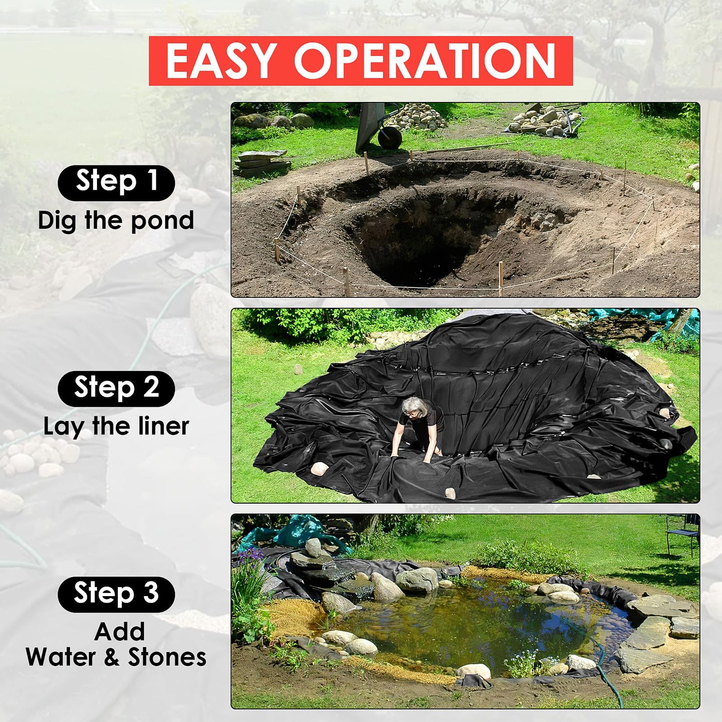 10x10 ft Pond Liner & 45 Mil Thickness, Pliable & Durable EPDM Material, Easy Cutting & UV Resistant, for Fish or Koi, Features, Waterfall Base, Fountains and Water Gardens