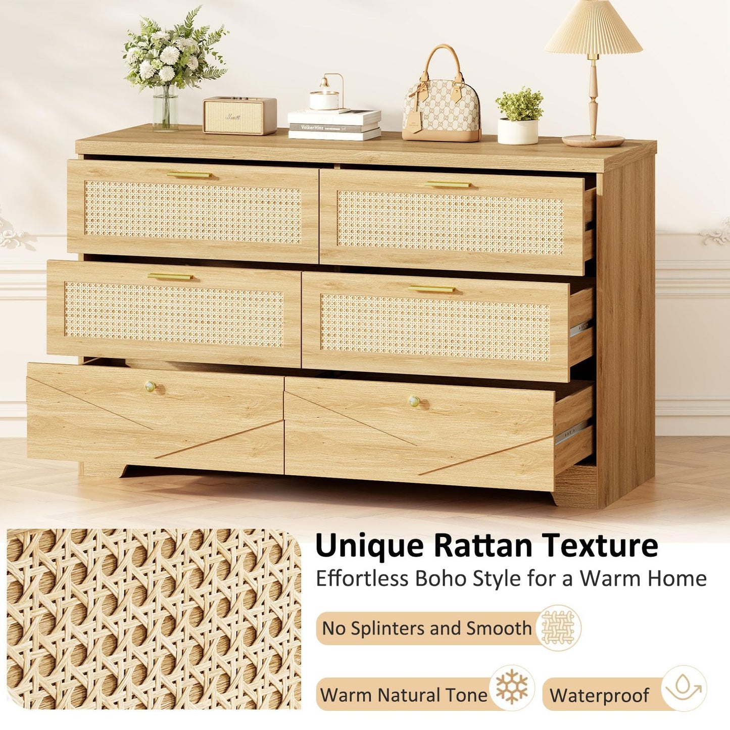 IBF Rattan Dresser for Bedroom, Wood Boho 6 Drawer Dressers, Large Dresser Chest of Drawers for Closet, Wide Clothes Storage Organizer with Deep Drawers for Living Room and Hallway, 51.2 Inch, Oak