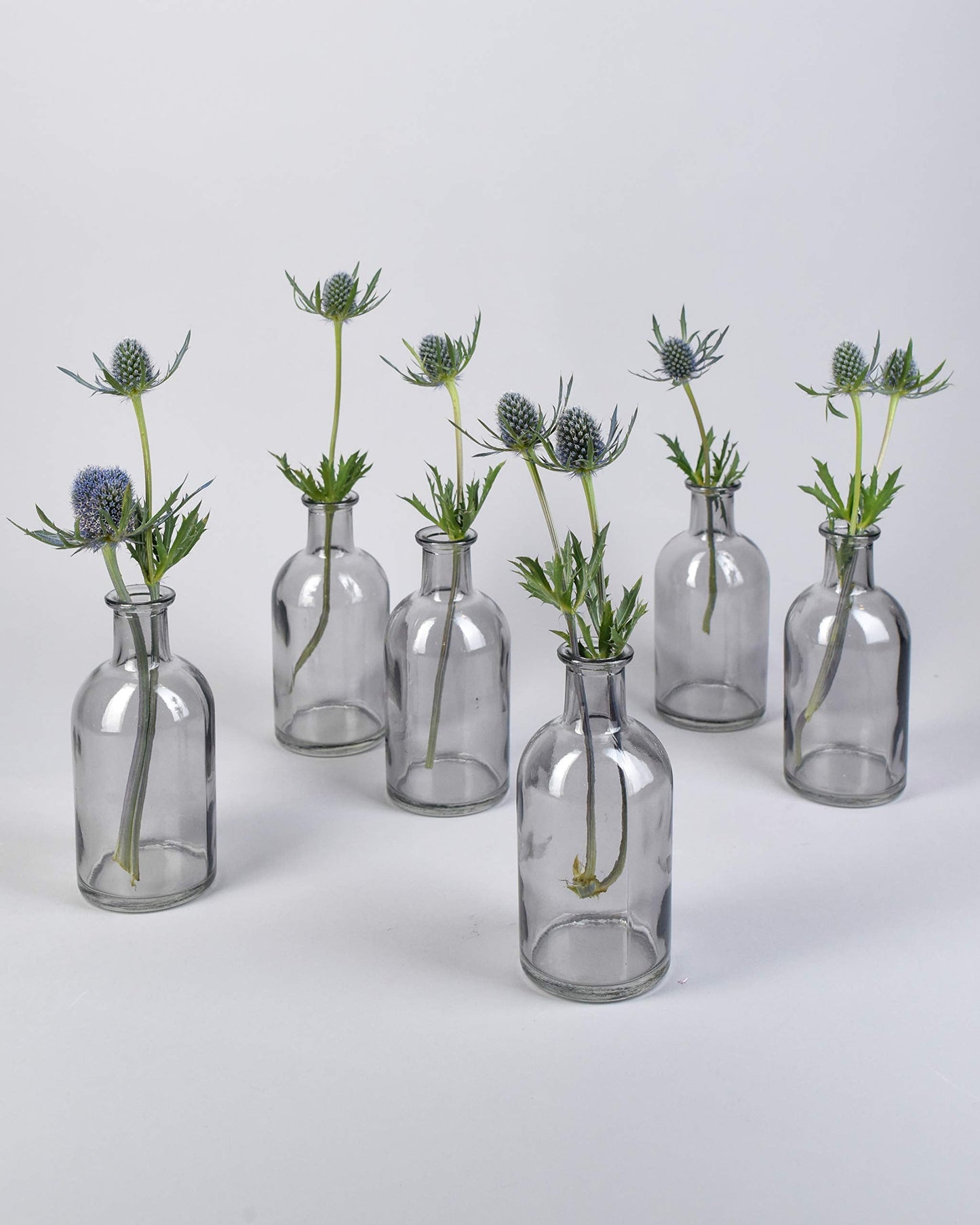 Bud Vases, Apothecary Jars, Decorative Glass Bottles, Centerpiece for Wedding Reception, Elegant Antique Decoration, Mini Flower Vases, Small Medicine Bottles for Home Decor (Smoke Gray, Set of 6)