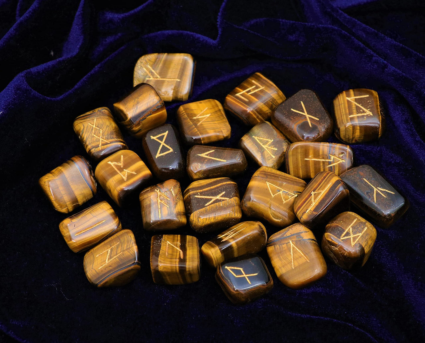 Crocon Tiger Eye Gemstone Tumbled Rune Stones with Elder Futhark Alphabet Engraved 25 pcs Runes Set Crystal Divination Healing Chakra Reiki with a Pouch & A Rune brochure Size : 15-25 mm