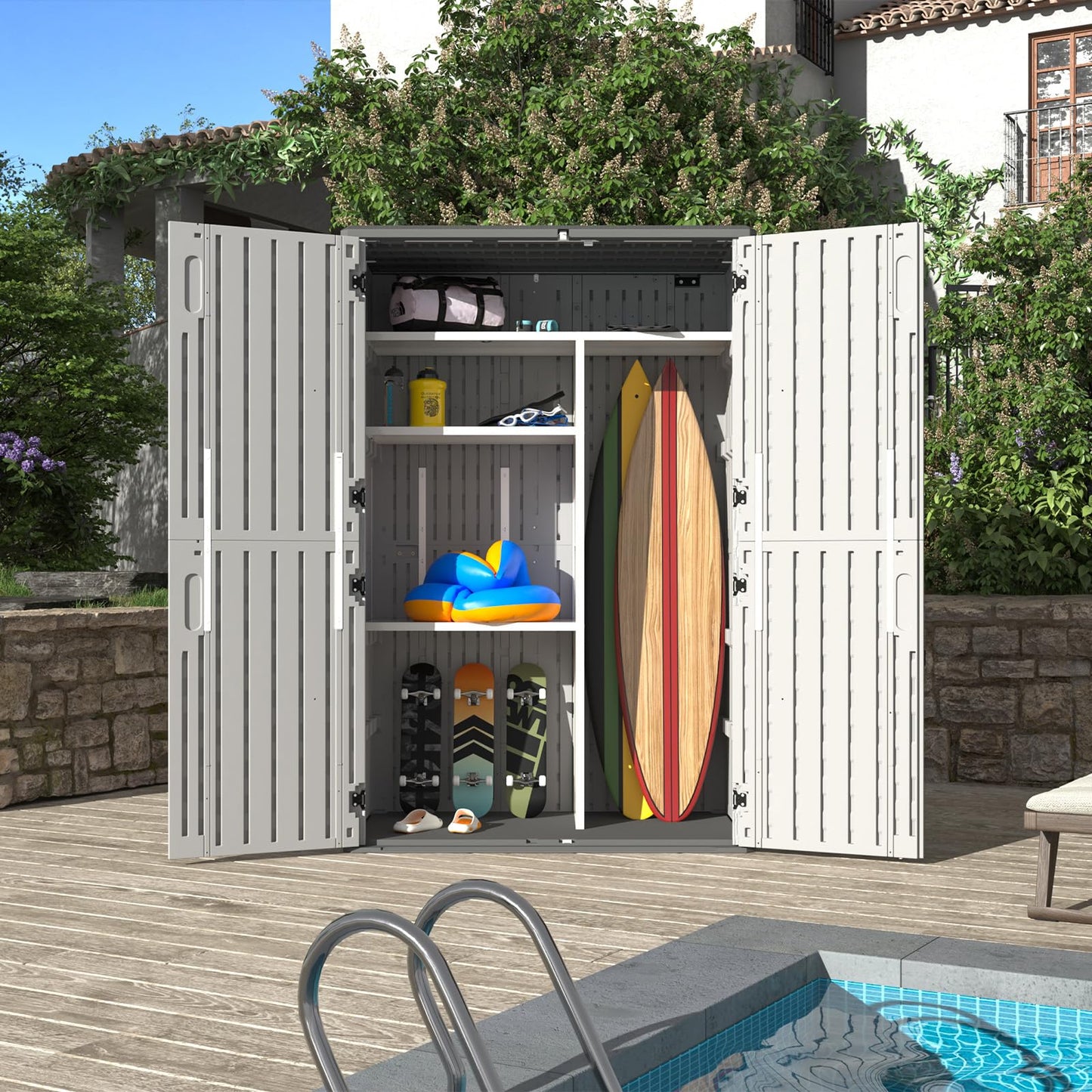 Aoxun Outdoor Resin Storage Shed with Metal Shelving Kit & Floor, 64 Cu.Ft Vertical Waterproof Storage Cabinet for Garage, Pool, Bike, Garden Tools, Patio Furniture (White)