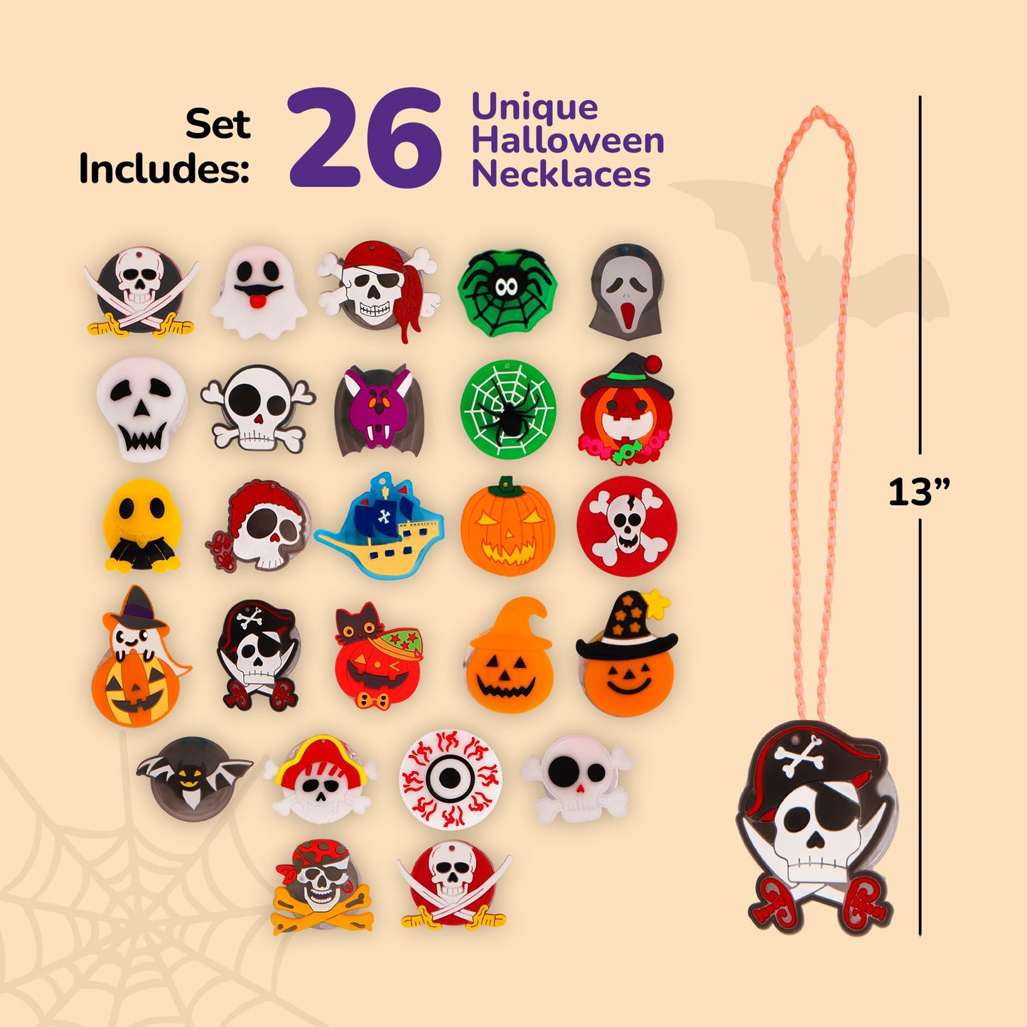ArtCreativity Halloween Light Up Skull Necklaces - Pack of 26 - Spooky LED Set - Glow Necklaces for Trick or Treat Party Favors - Halloween Decoration Party Supplies