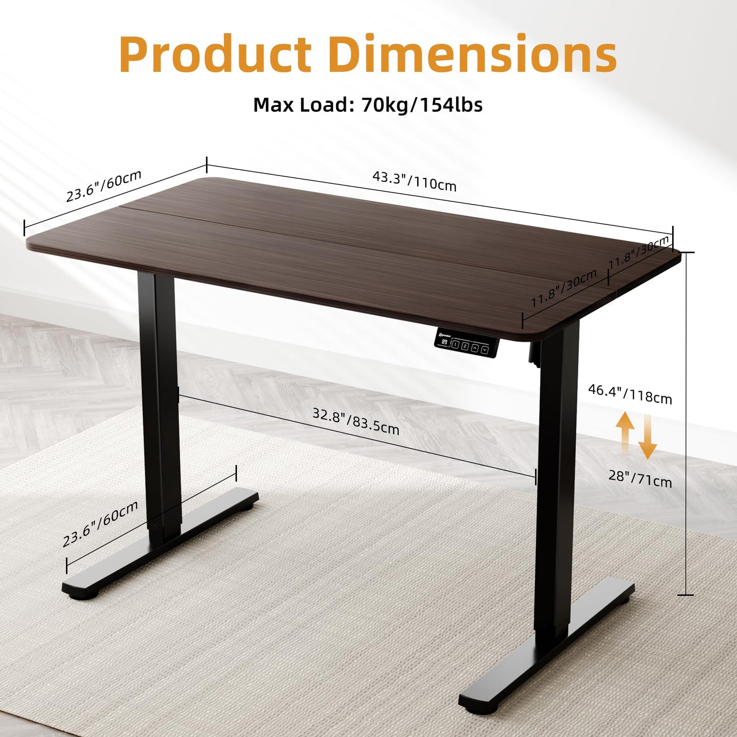 ERGOMAKER Electric Standing Desk, 43.3" x 23.6" Height Adjustable Sit Stand Desk with Splice Board for Home Office, Computer Desk Memory Preset (Black Frame, Walnut Desktop)
