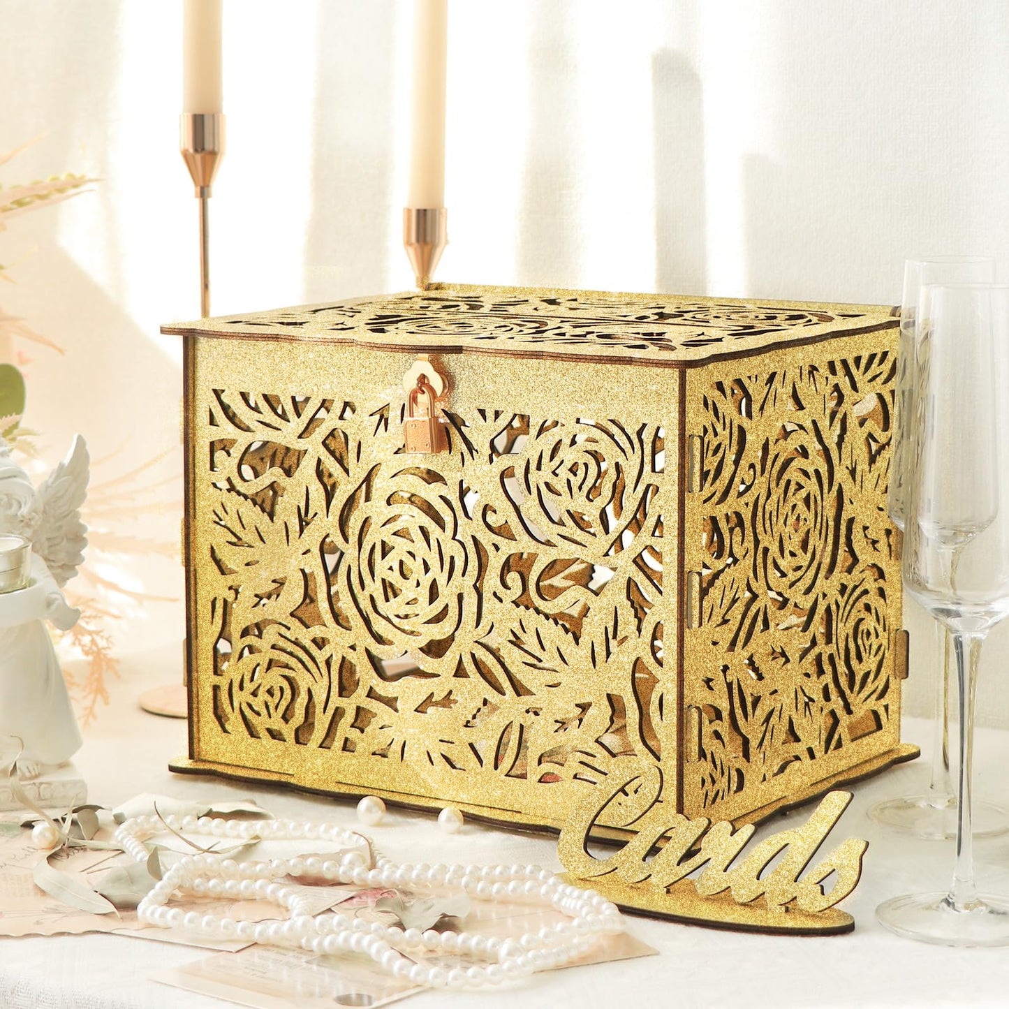 OurWarm Glittery Gold Wedding Card Box with Lock, Wood Gift Card Box for Reception, Money Honeymoon Fund Card Boxes for Baby Shower, Birthday, Graduation Party Rustic Wedding Decorations