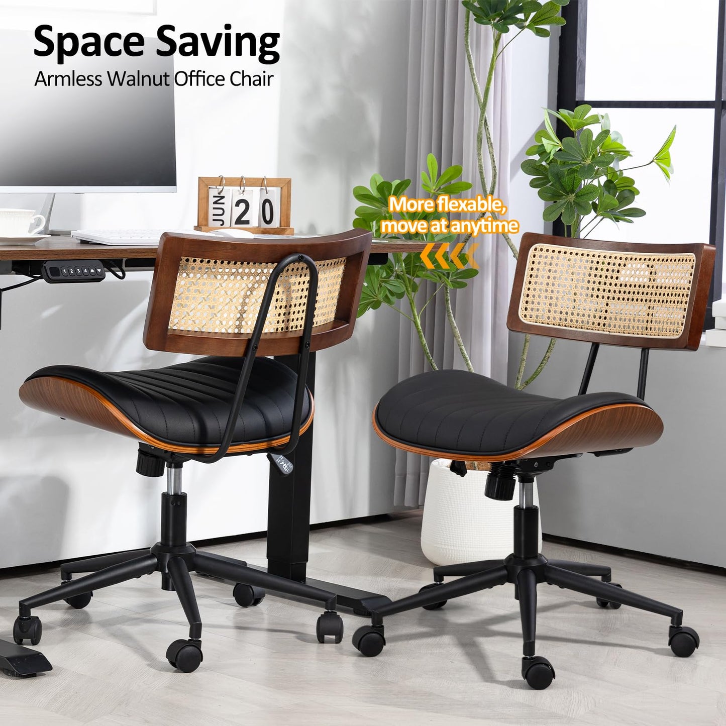 Newnno Home Office Chair with Wheels, Adjustable Height Desk Chair with Rattan Backrest, Leather Swivel Computer Chair, Armless Modern Walnut Chair for Office, Meeting Room, Black