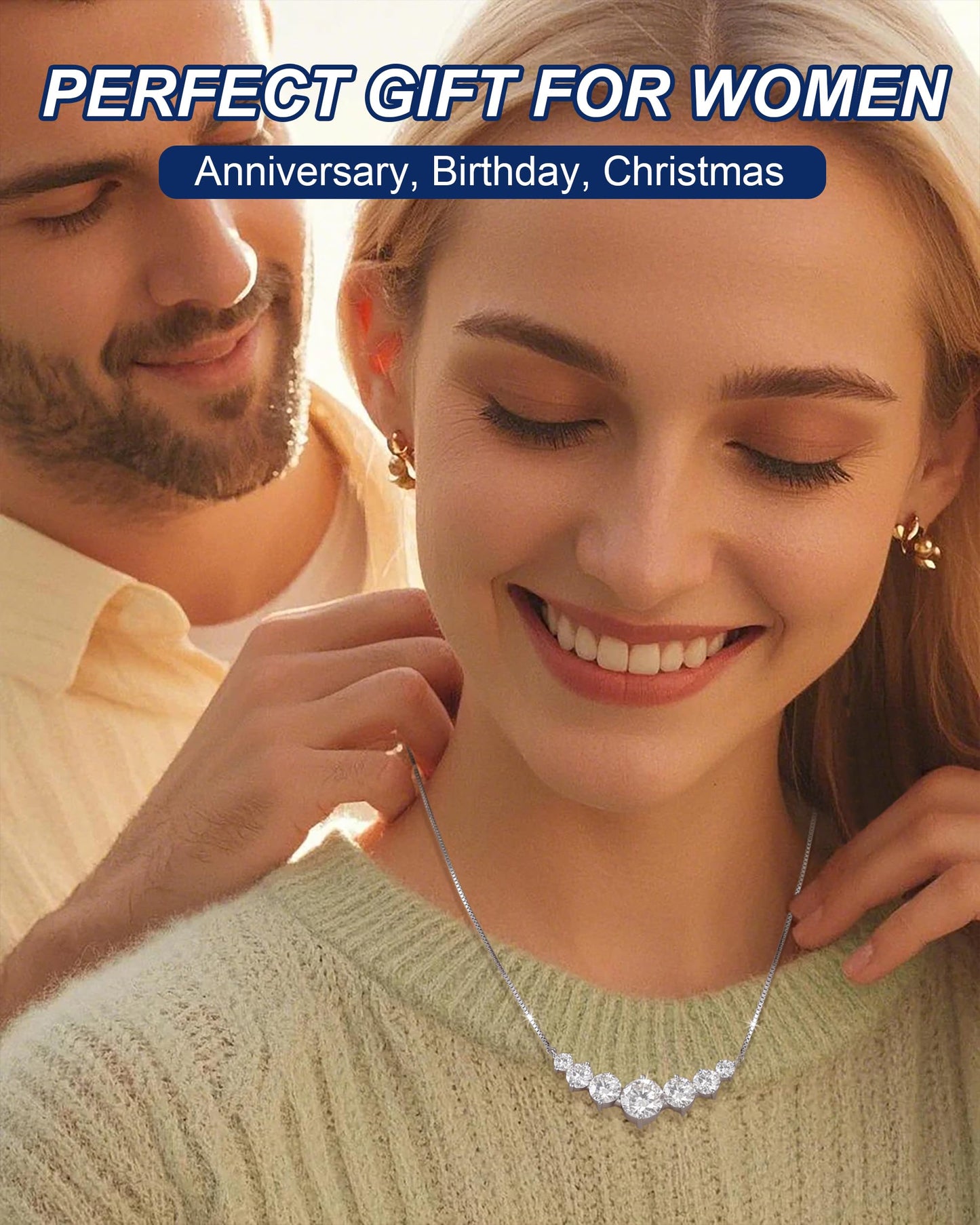 Moissanite Pendant Necklace for Women, 1.7 Carat 7Stones Moissanite Pendant Necklace 18k White Gold Plated Sterling Silver Smile Necklaces 16.5+2.5 inch Adjustable Box Chain Jewelry Gifts for Mom Wife
