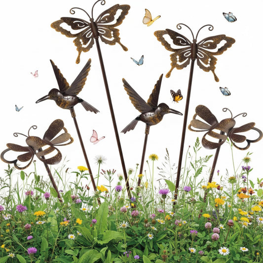 AceOrbit 6 Pcs Rusty Yard Stakes Spring Decor 11.8" Metal Butterfly Hummingbird Bee Stakes Rust Proof Plant Sticks Flowers Bed Decor for Farmhouse Outdoor Yard Lawn Patio Walkway Pathway (Insect)