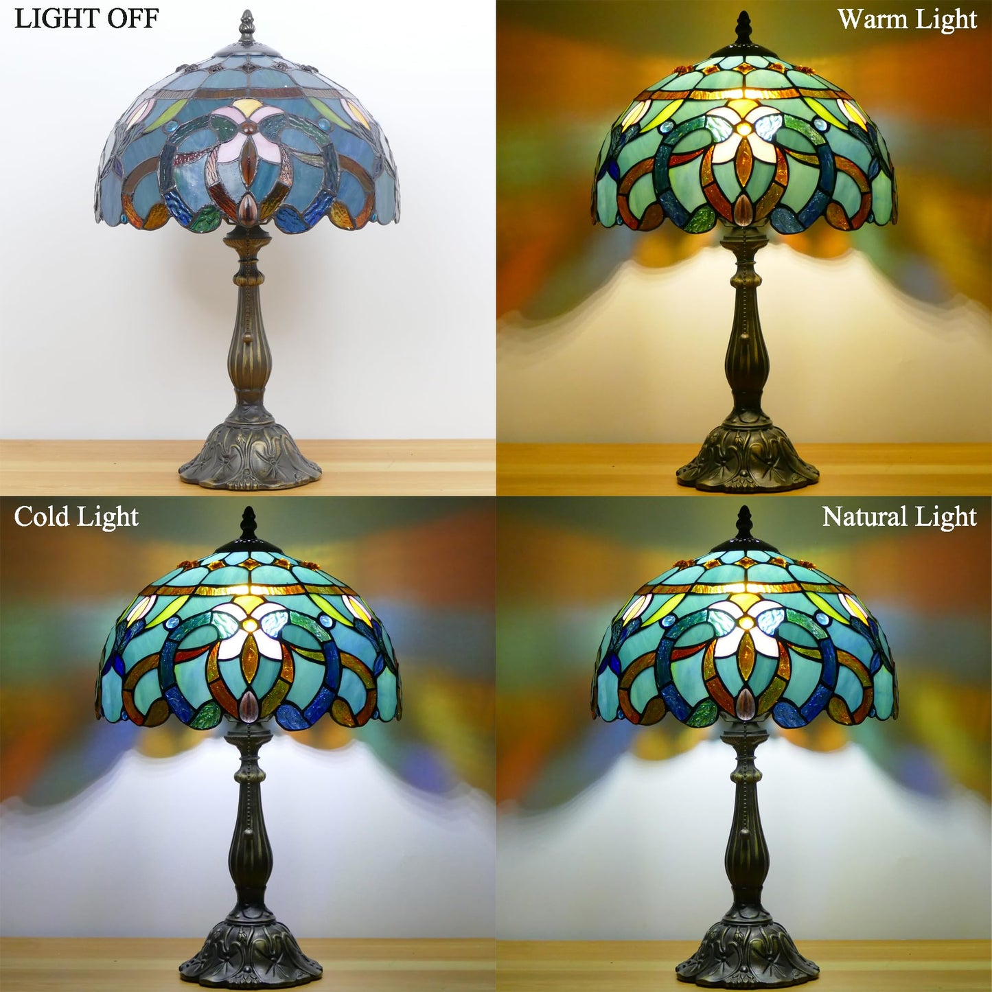WFAYNTIFL Tiffany Lamp Stained Glass Table Lamp Antique Bedside Reading Light W12H19 Inches (Sea Blue Baroque)