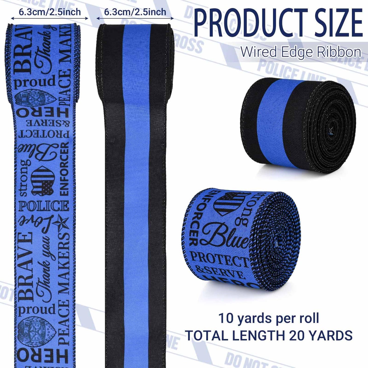 2 Rolls 20 Yards Police Support Wired Edge Ribbon, 2.5"Blue Black Stripe Police Badge Burlap Ribbon Memorial Day Patriotic Ribbons for Wreath Bow Making Police Support Decorations Supplies DIY Crafts