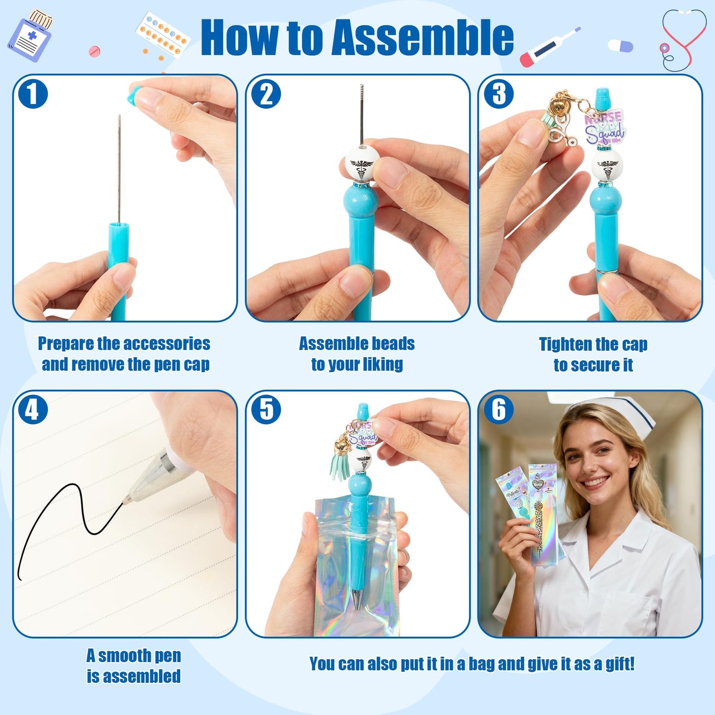 COcnny Nurse Beadable Pens for Women - 12 Set Nursing DIY Ballpoint Craft Making Kit with Bead Craft, Leopard Beaded Pen Bulk Charm Tassel Supplies for Nurse Week Hospital Appreciation Gift