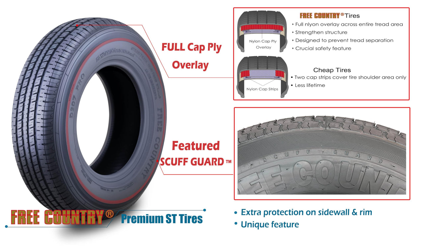 Free Country Trailer Tire Wheel Assembly ST205/75R15 8-Ply D 107N 5 Lug on 4.5" PCD Black Mod Wheel, SET 2