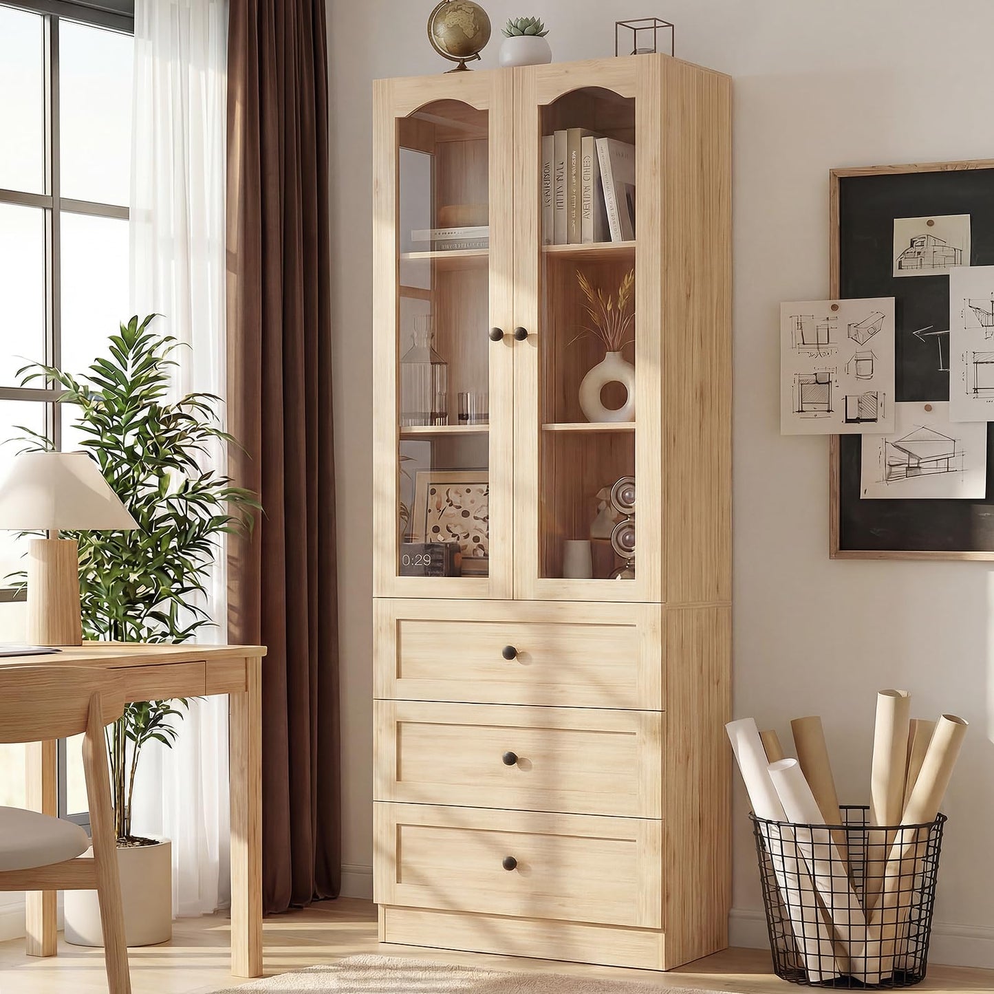 Cyclysio 80" Tall Pantry Cabinet for Kitchen Storage, Natural Oak Pantry Cabinet with Glass Doors & 3 Drawers - Freestanding Storage Bookcase with Built-in Baseboard Notch for Dining, Living Room