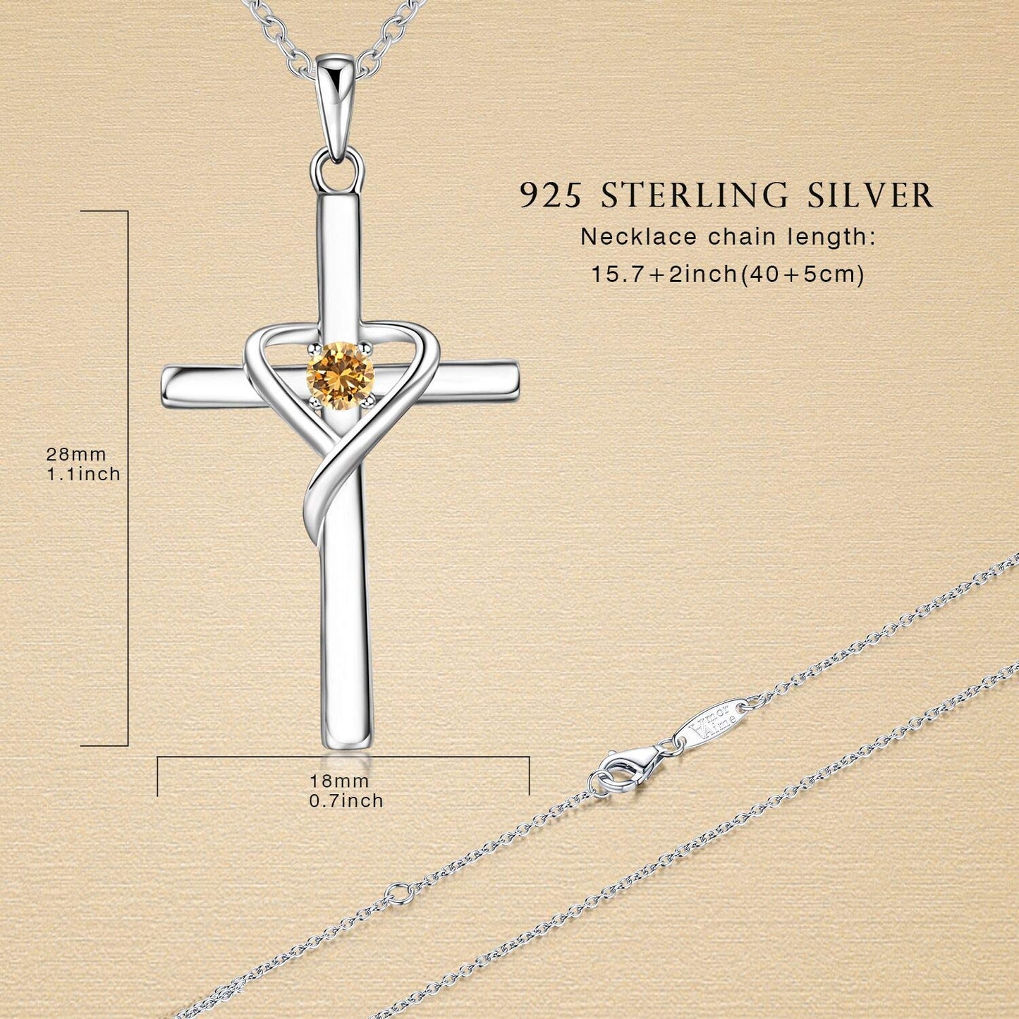 AmorAime 925 Sterling Silver Cross Necklace for Women Men 14K Gold Plated 5A CZ Birthstone Necklaces for Holiday (K.Orange-November-Topaz)