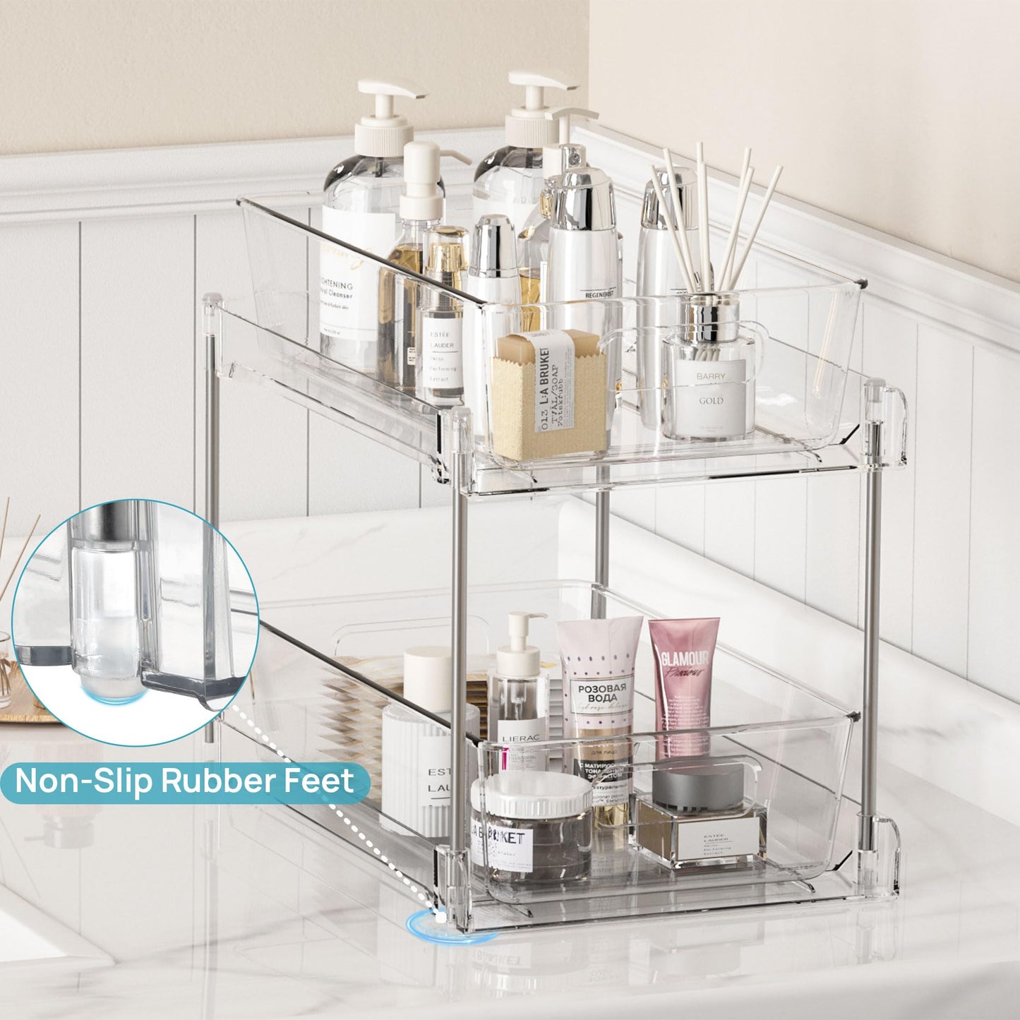 Vtopmart 2 Tier Bathroom Storage Organizer, 2 Pack Clear Under Sink Organizers Vanity Counter Container, Cabinet Drawers Bins, Pull-Out Organization with Track for Pantry, Kitchen