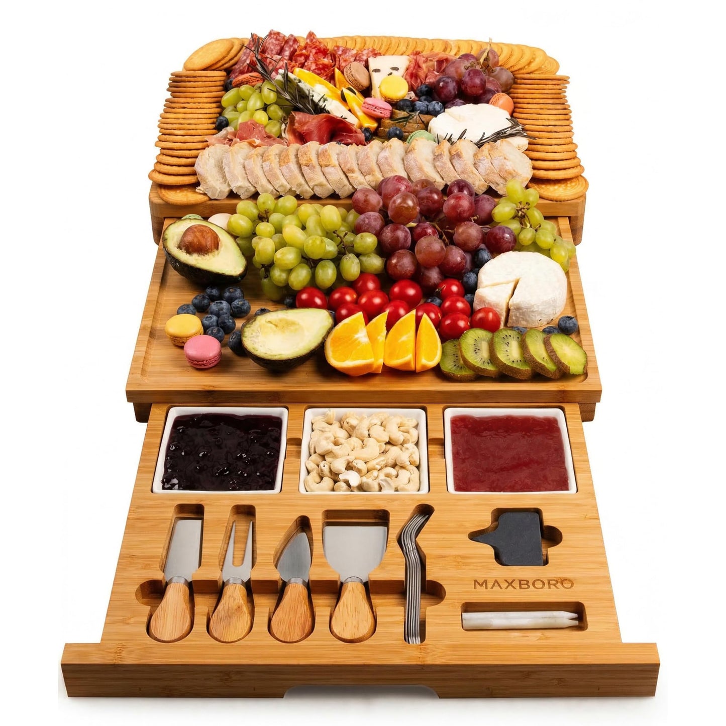 Extra Large 33.7x15.7 inch Charcuterie Boards Gift Set, 100% Bamboo Cheese Board and Knife Set, Cool Meat Cheese Platter Tray, House Warming Gifts New Home, Ideas for Women Mom, Carbonized Bamboo
