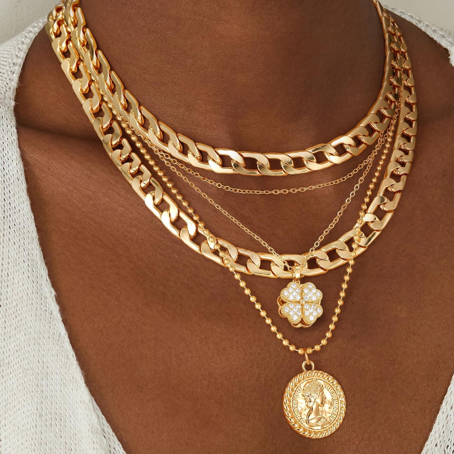 MJartoria Gold Layered Necklaces for Women Trendy Retro Coin Pendant Necklace Dainty Chunky Chain Choker Necklaces for Jewelry Birthday Gifts (Gold, A-Z-Rotatable Clover-5 in 1 Layered)