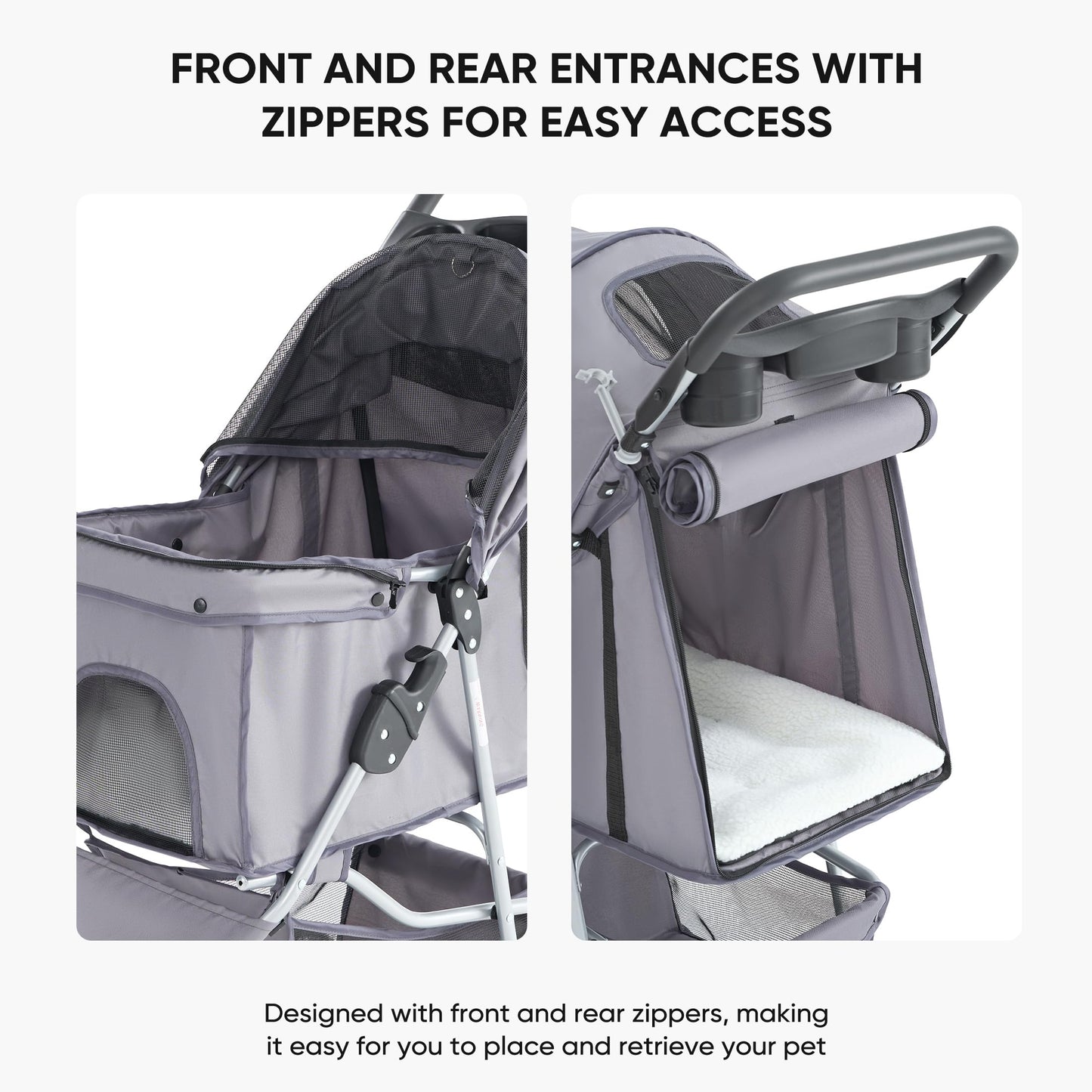 NEWBULIG 3 Wheel Pet Stroller for Dogs and Cats, Foldable, Lightweight and Durable, Ideal for Small to Medium Pets, Includes Storage Basket and Cup Holders