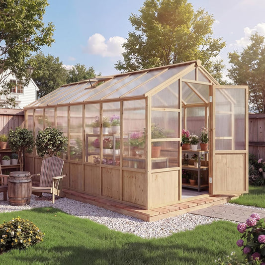 8X16 ft Outdoor Wooden Greenhouse with Lockable Door, Adjustable Roof Vent & Polycarbonate Panels, UV Protection, Large Cedar Wood Walk-in Green House for Garden, Backyard, Patio, Lawn, Light Brown