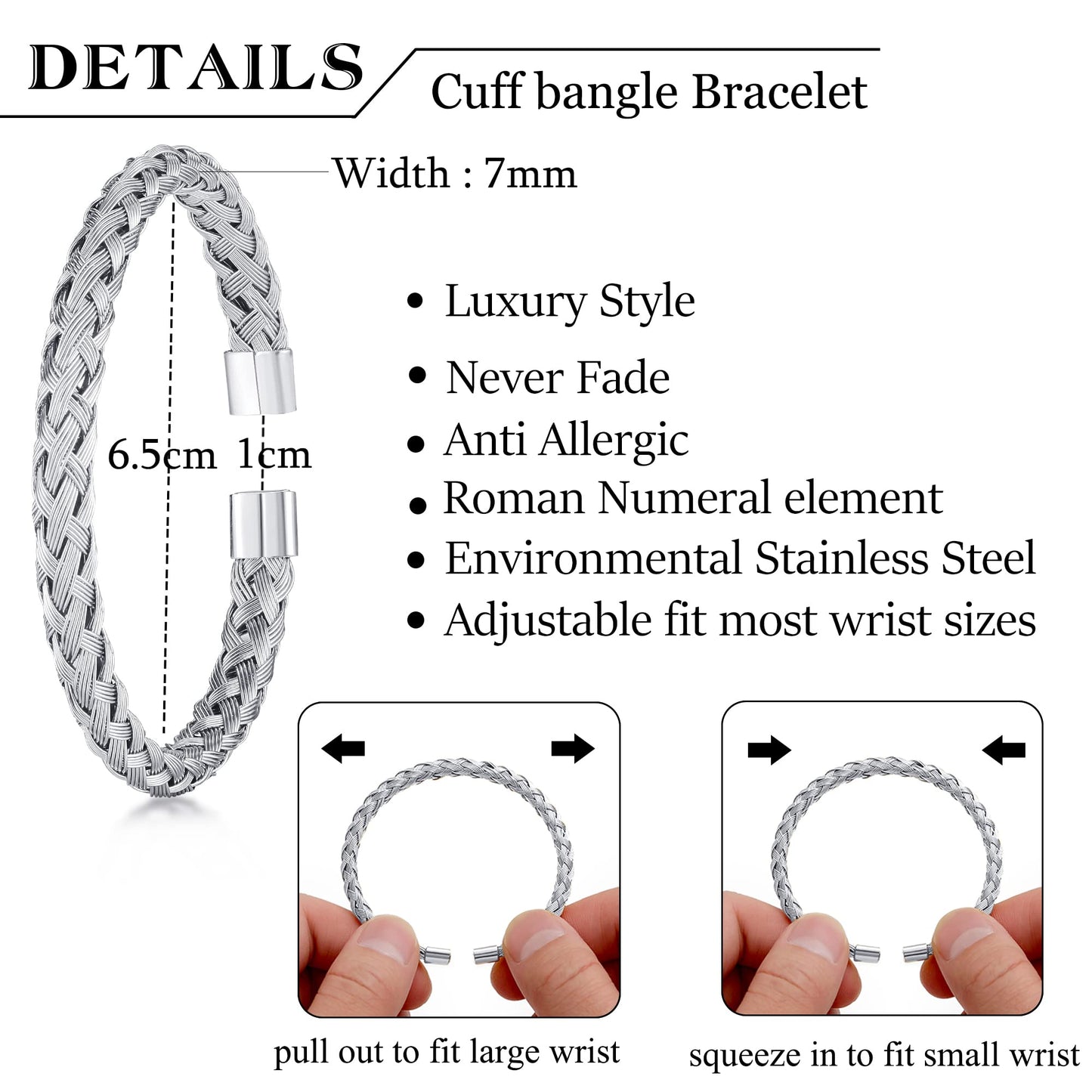 WFYOU 3PCS Stainless Steel Bracelets for Men Gold Roman Numeral Bangle Bracelet Twisted Cable Bracelet Adjustable Cuff Bracelet Mens Luxury Jewelry Bracelets Gifts(B:Silver&Gold- Crown)