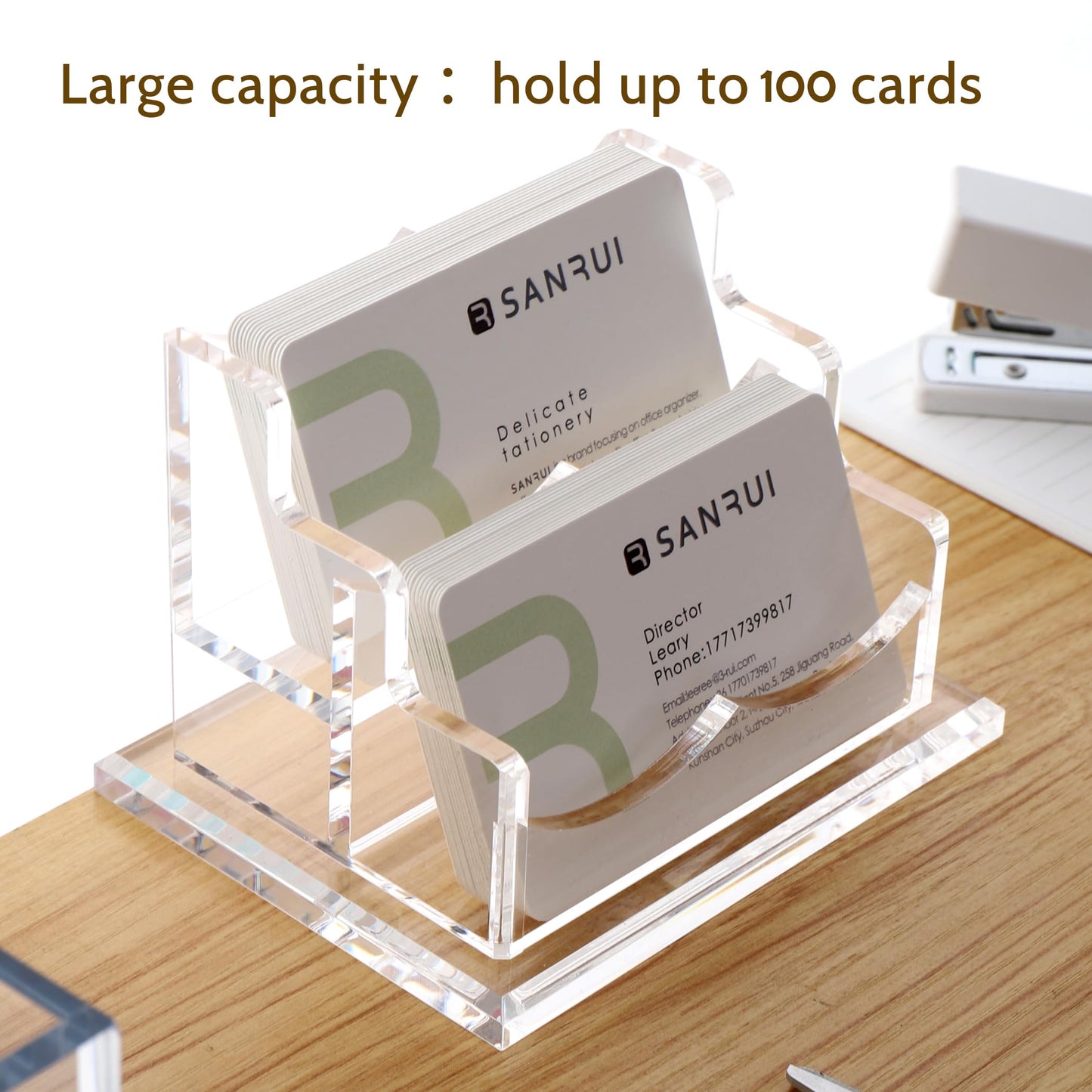 SANRUI Business Card Holder for Desk, Clear Acrylic Business Card Holders Horizontal Business Card Display Stand 2 Slots（Patent No.:US D1,001,889 S）