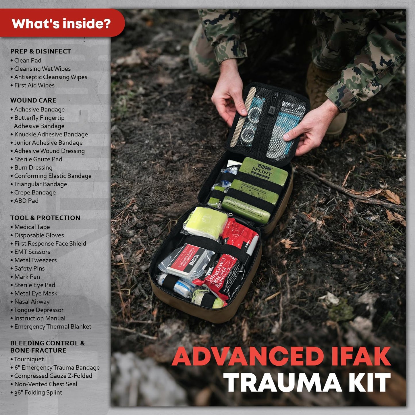 144 Pcs Advanced Trauma First Aid Kit - Emergency Camping Gear with Tourniquet, Compression Bandage, 36" Splint | Portable Survival Gear for Outdoor, Home, Camping- Gift for Husband Dad and Wife-Brown
