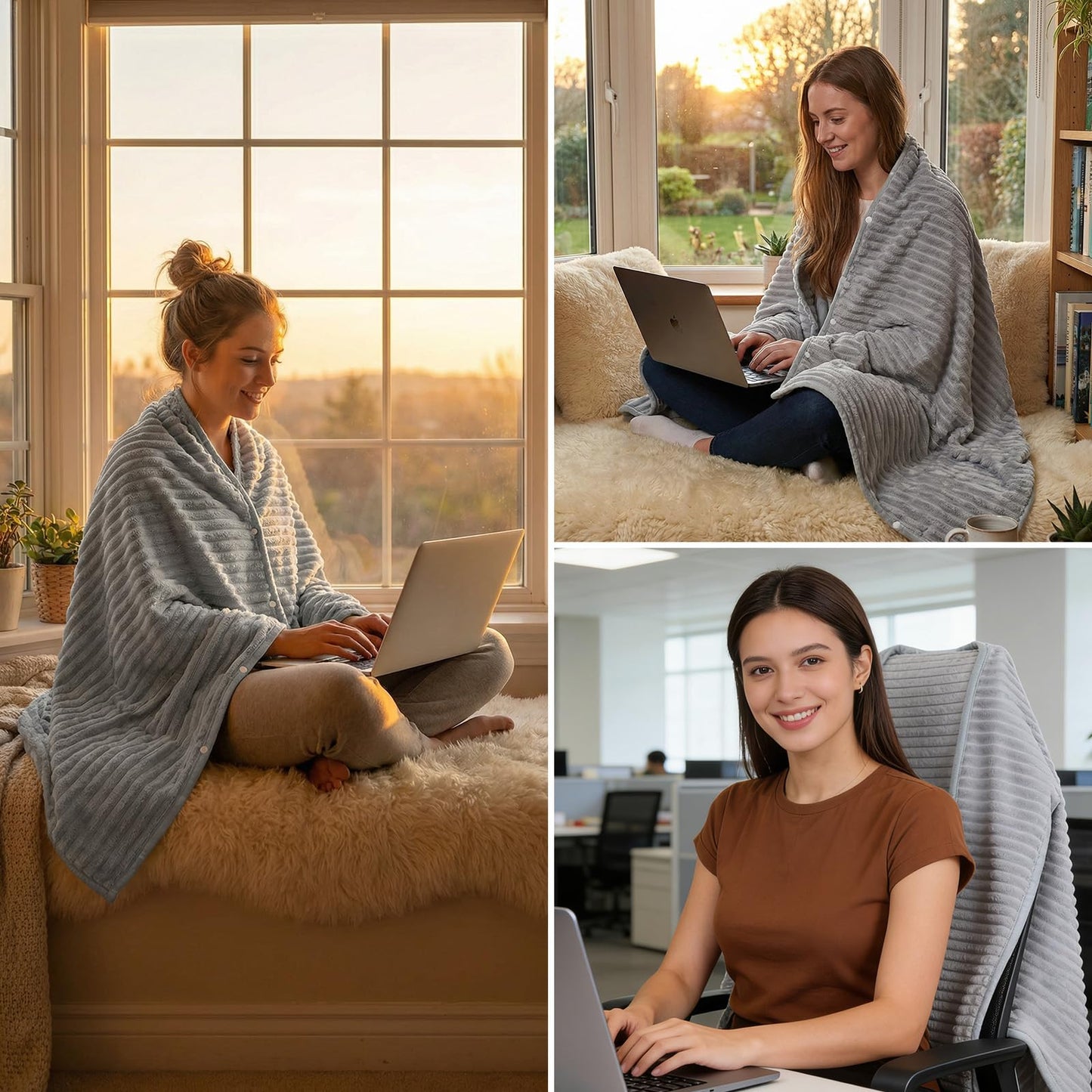 Himake Cozy Office Chair Blanket, Grey Striped Flannel Fleece Desk Wearable Blanket for Work, Work from Home Gifts & Practical Gifts for Cold People Stay Warm with Chair Wrap Attaches