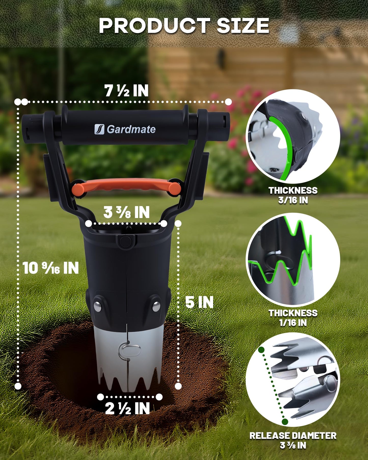 gardmate Bulb Planter Tool - One-Touch Automatic Bulb Planter for Bulbs, Seeds & Seedlings - Stainless Steel Garden Bulbs Dibber with Ergonomic Handle - No Bend Planting Tool with Gloves & Brush