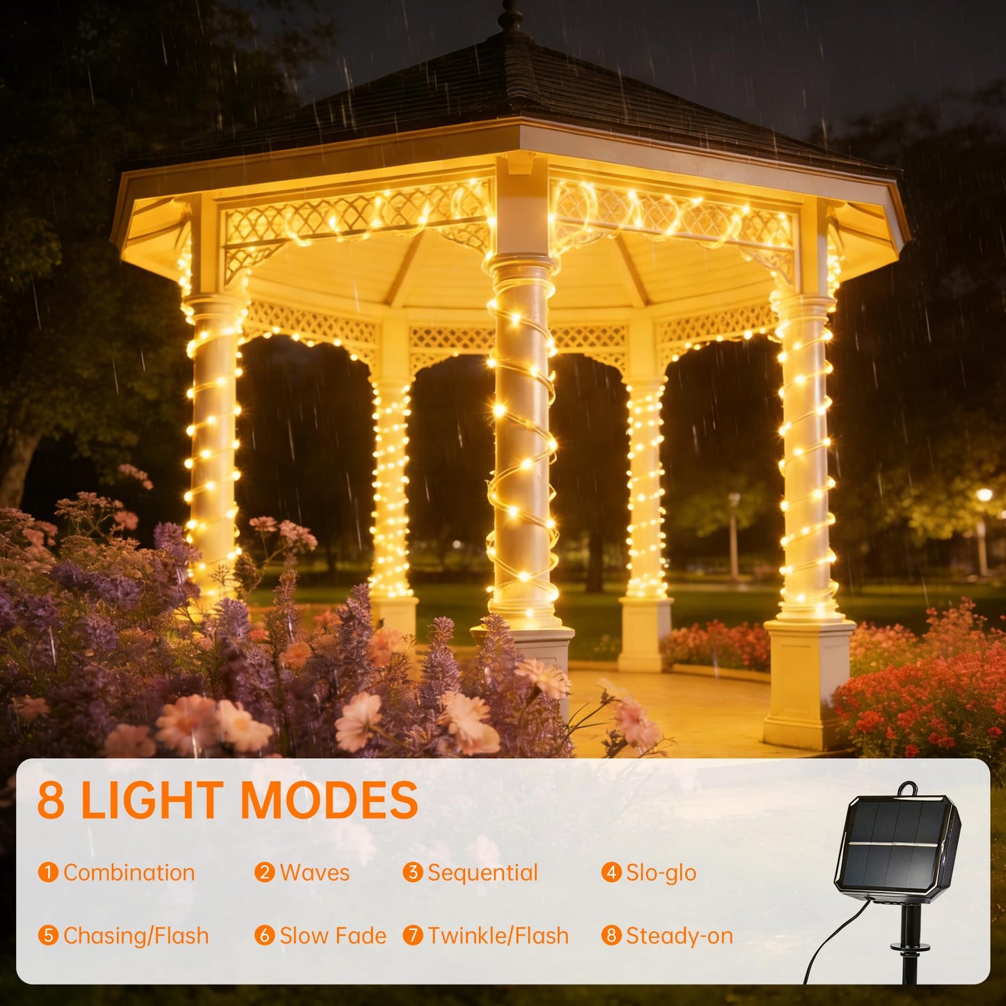 BANBANJO Solar Roep Lights for Outside, 2 Packs Total 66ft 200 LED Solar String Light with 8 Modes, Waterproof Solar Outdoor Light for Patio Garden Party Tree Proch Pool Holiday Xmas Decor-Warm White