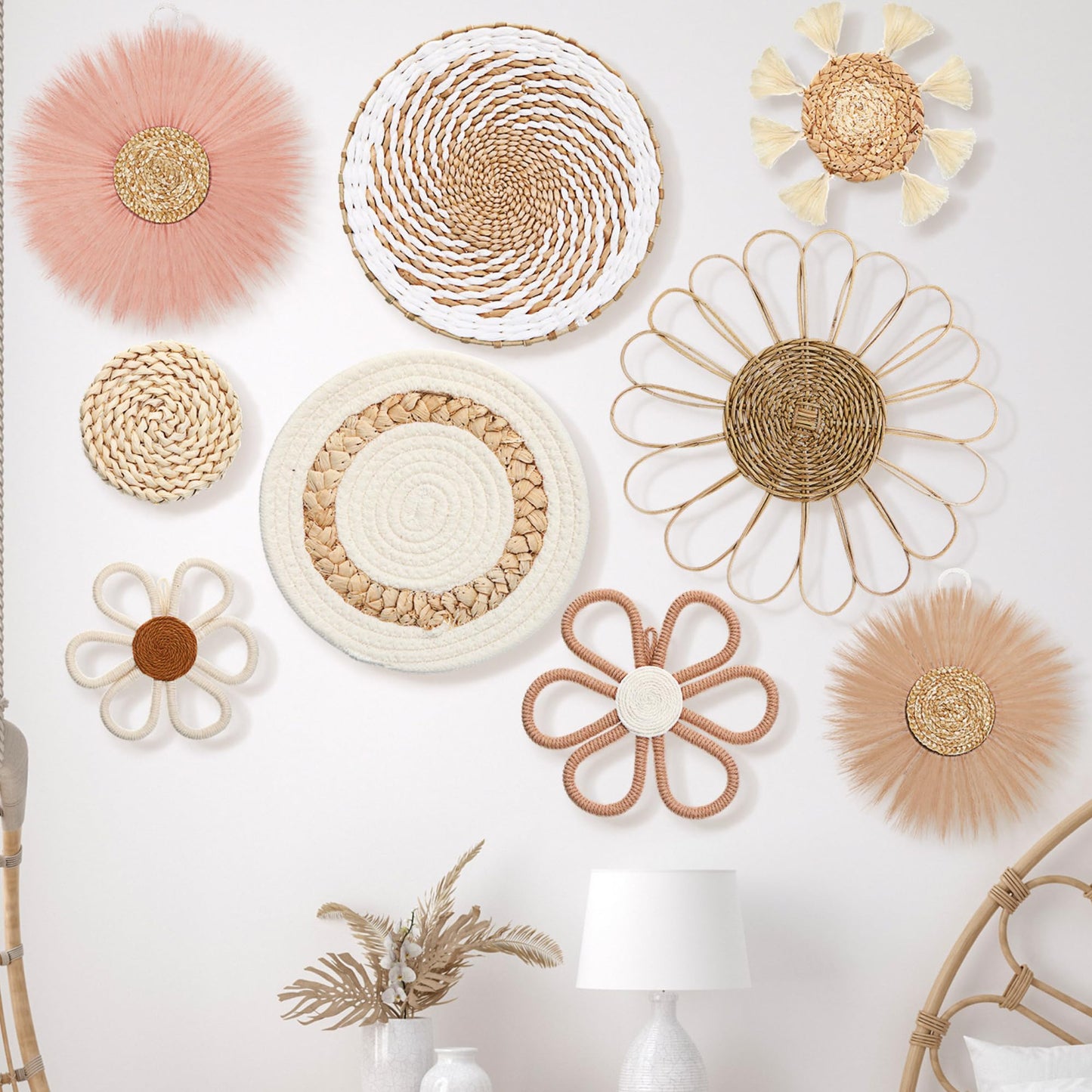 Chunful 9 Pcs Boho Nursery Wall Decor Daisy Flower Woven Macrame Seagrass Rattan Basket Wall Hanging Bohemian Decorations Gifts for Home Dorm Art Farmhouse Bedrooms Living Room(Pink Brown)