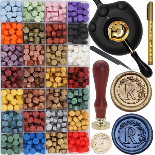 732 Pcs Sealing Wax Stamp Kit with Electric Wax Seal Warmer, Initial Alphabet R Seal Stamp, Waxseal Beads, Spoon, Letter Sealingwax Stamp Kit (R)