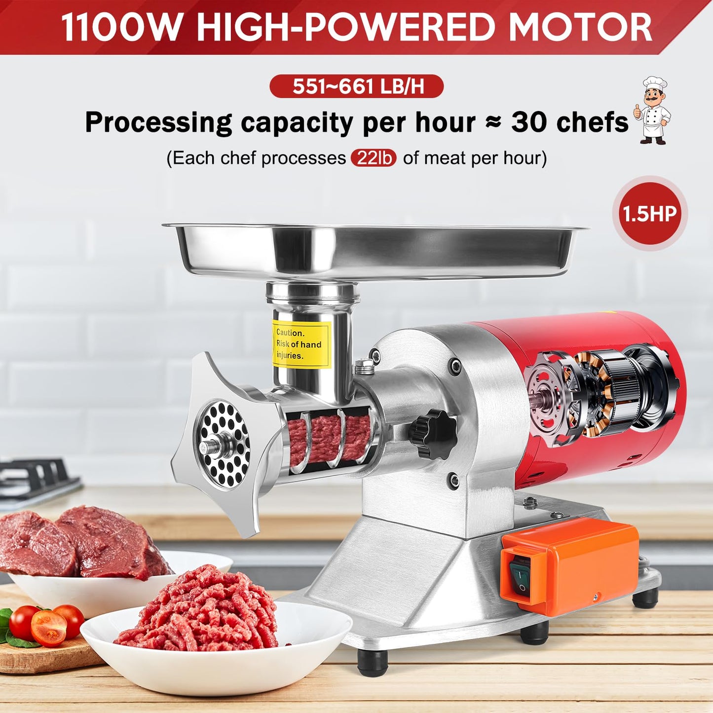 ARLUMA Electric Meat Grinder,Stainless Steel Meat Grinder Heavy Duty,1.5HP Sausage Stuffer with 2 Blade,2 Grinding Plates,Sausage Kit for Home Kitchen Commercial (661LB/H,1100W,6mm&8mm)