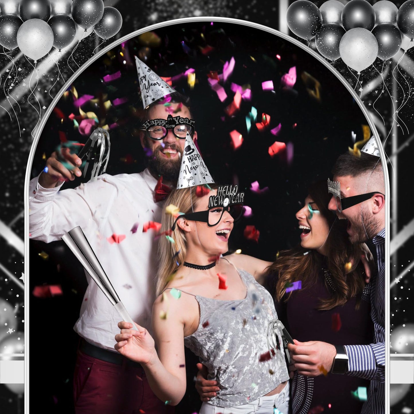 Junkin 54 Pcs New Years Eve Party Supplies 2026 Kit for 24 Guests Include Top Hats Cone Hats Glasses Headbands Blowing Dragon Trumpet Happy New Year Decorations Bulk Party Favors (two-tone)