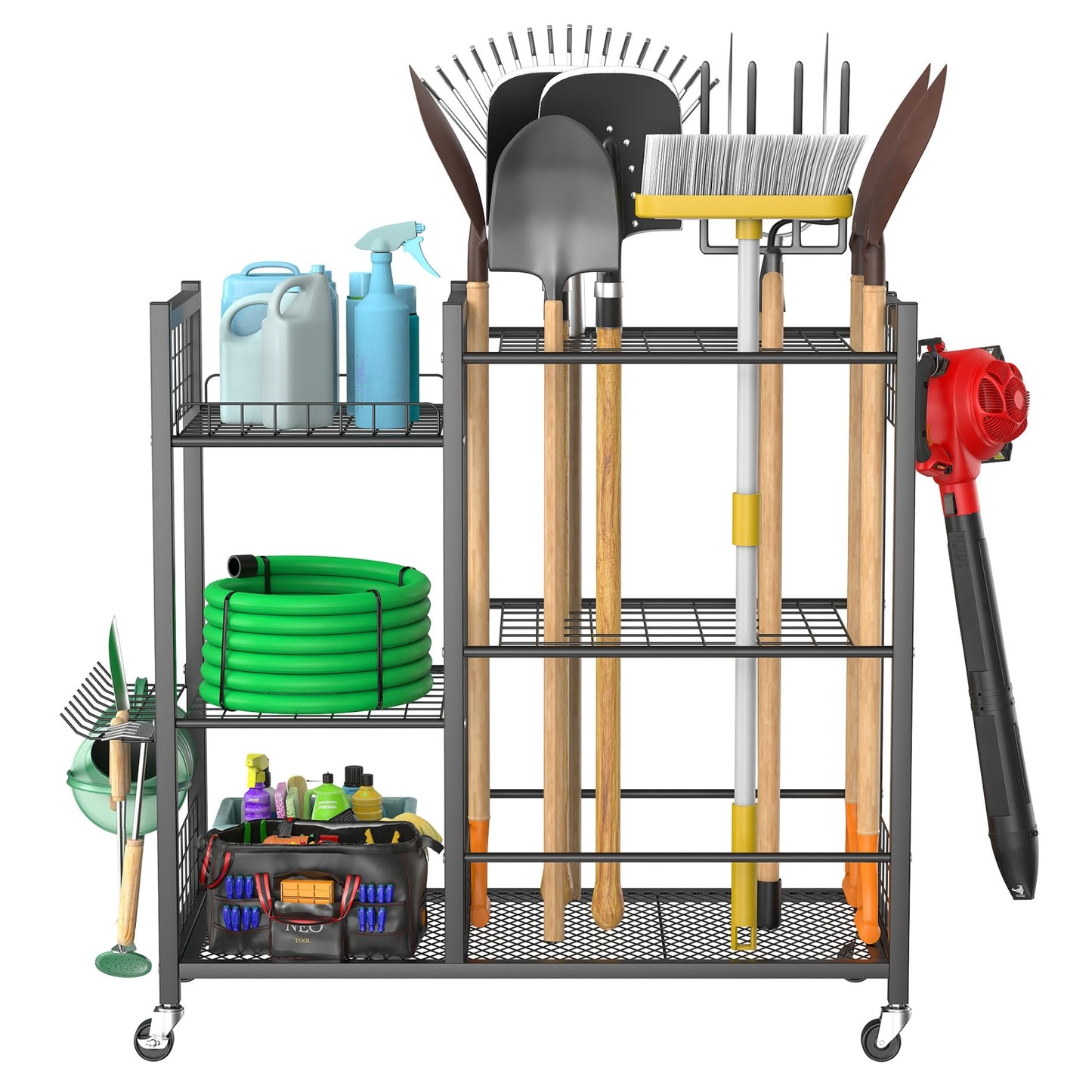 WALMANN Large Garden Tool Organizer with Wheels for Garage, Rakes/Shovels/Yard Tools Storage Stand for Yard, Garden, Indoor/Outdoor Long-Handled Tools Rolling Cart(Tool stand with shelves)