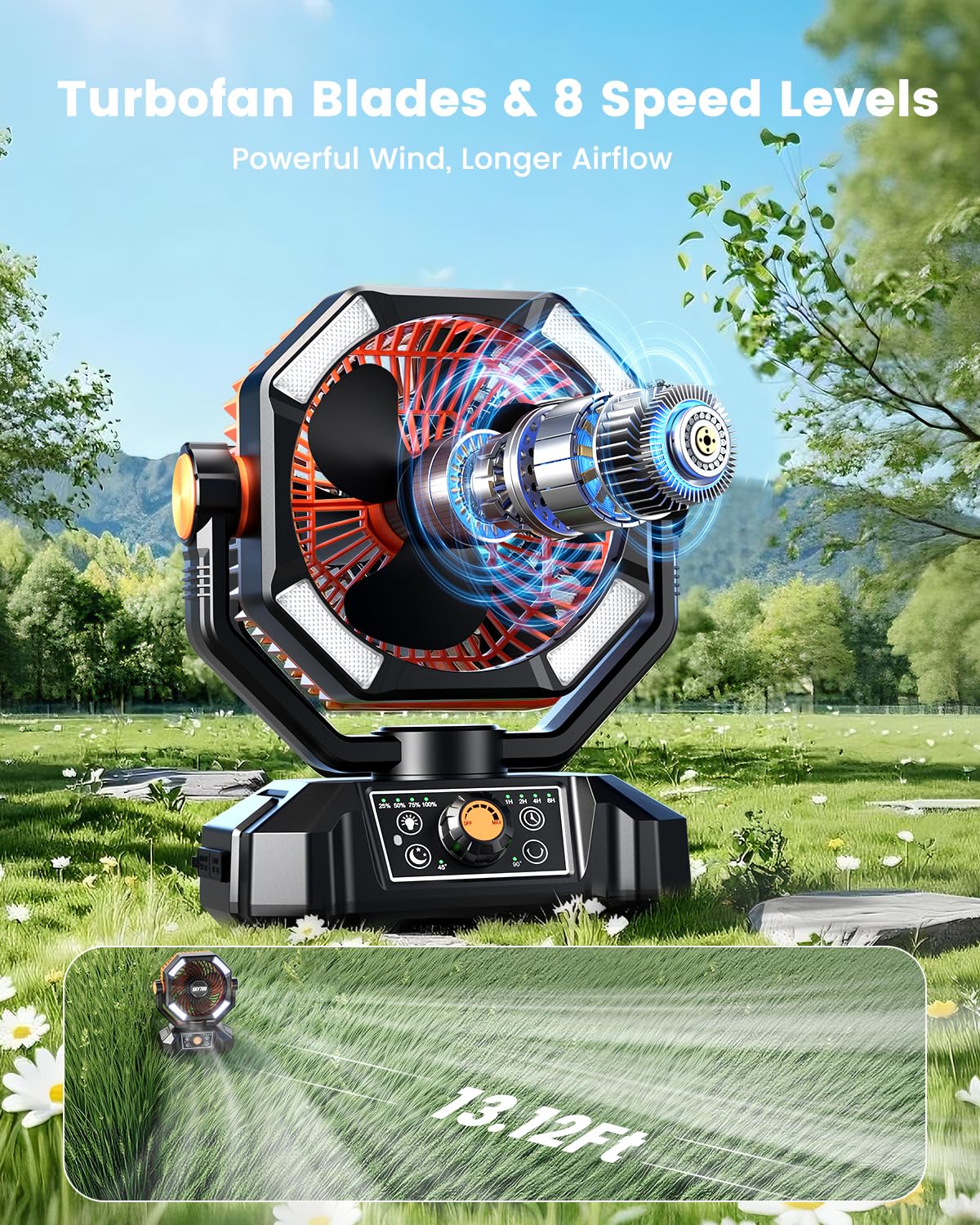 Skytoo Camping Fan, 20000mAh Battery Powered Fan with LED Lantern, Rechargeable Battery Operated Oscillating with Remote Hook, 8 Speeds Outdoor Fans for Teny, Picnic, Fishing, Travel, Jobsite Black