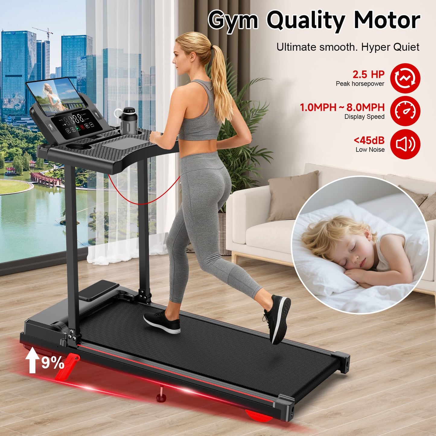 9% Incline Walking Pad with DEST, Foldable and Compact Treadmill for Home Small,Portable Treadmill with Removable Computer Desk,Folding Design with 320LBS Weight Capacity and LED Display(L)